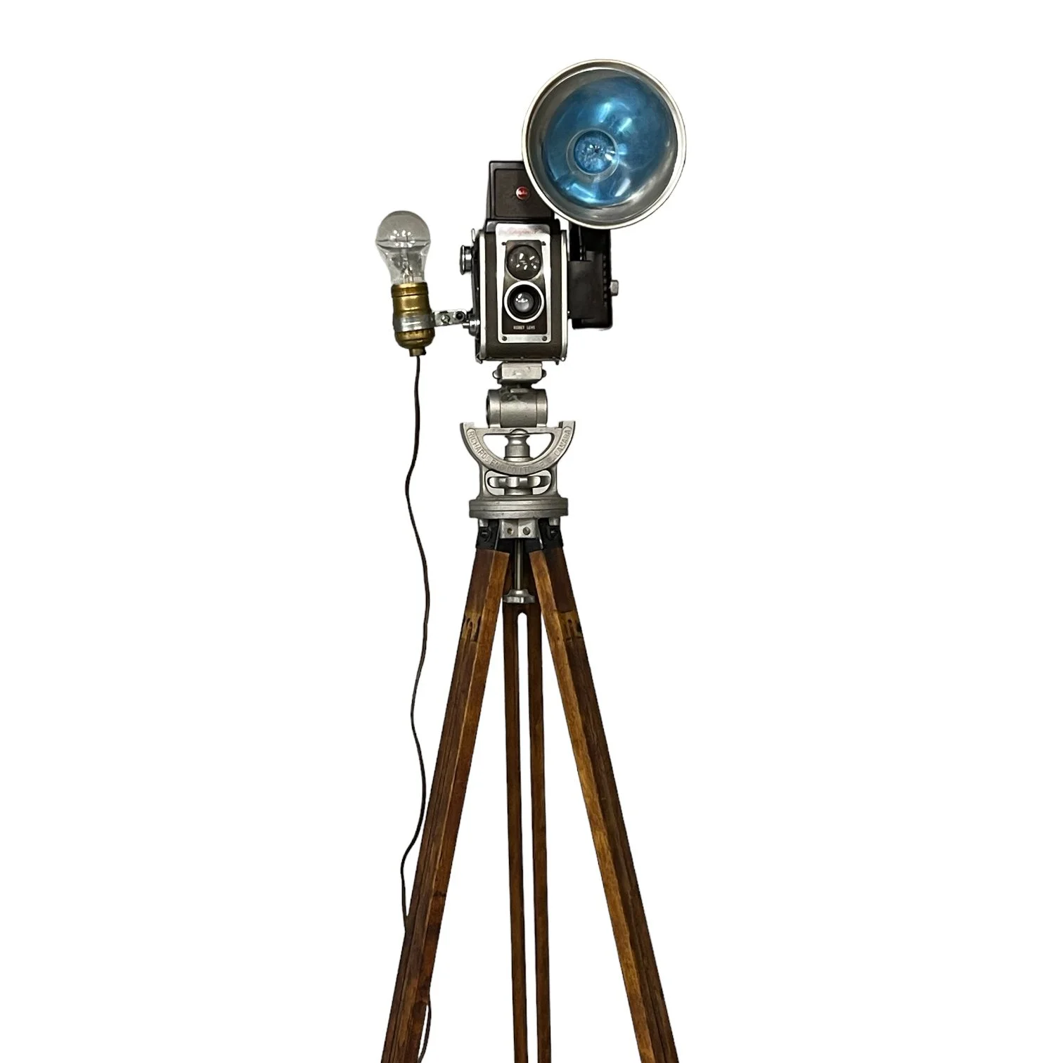 Vintage Kodak Duaflex IV Camera and Uni Colt Richards Engineering Wooden Tripod Floor Lamp