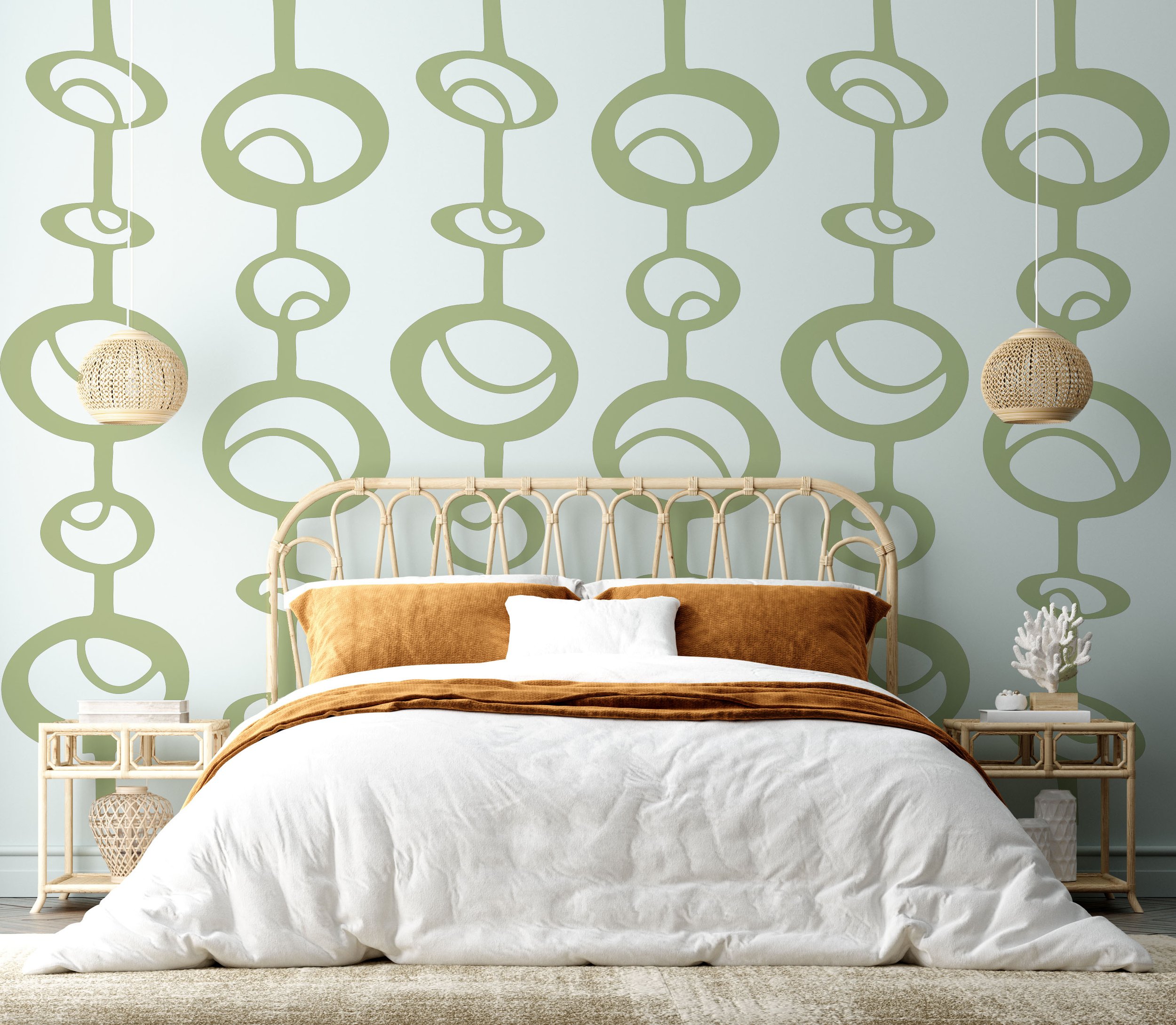 Stylish contemporary removable vinyl wall decal featuring a geometric oval chain pattern with cutouts. Perfect for modern and retro bedroom or living room decor.
