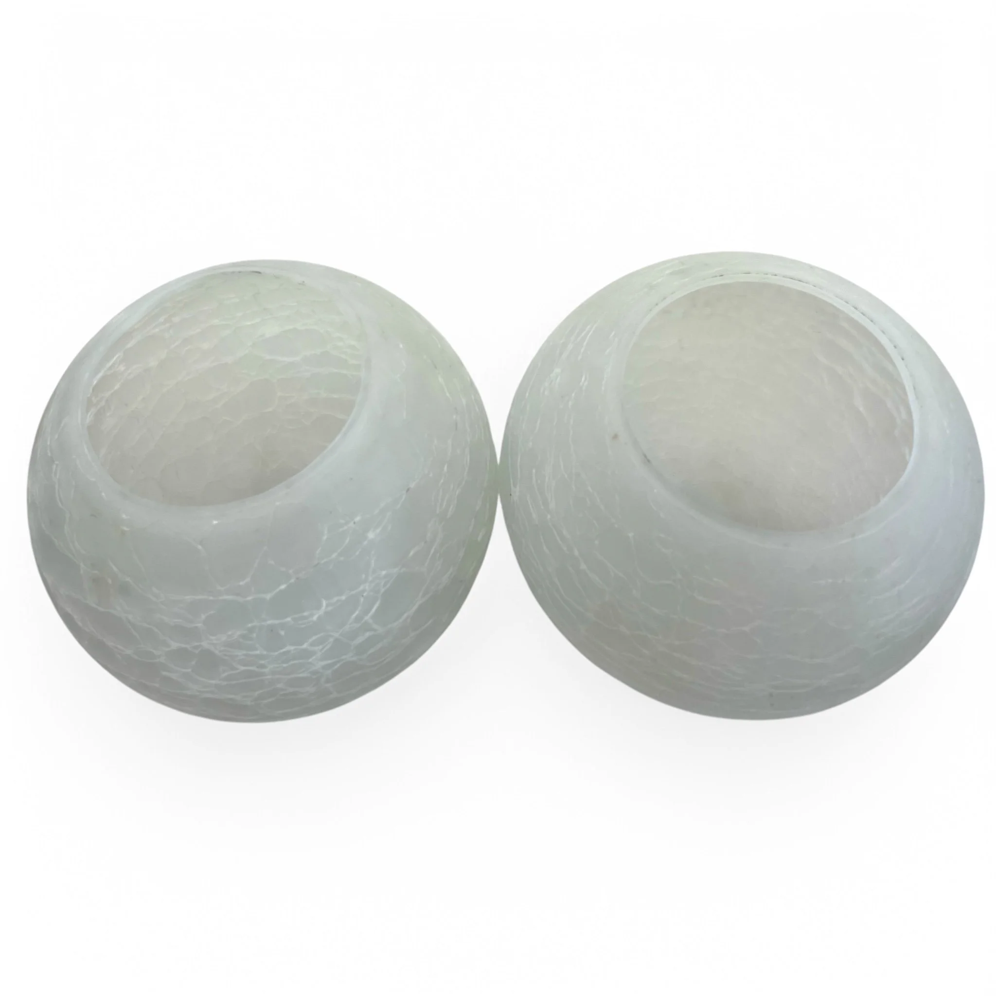 Pair of large vintage frosted crackle glass orb pendant swag hanging lights with gold chain and finial, mid century modern design, perfect for vintage home decor or retro interior lighting.