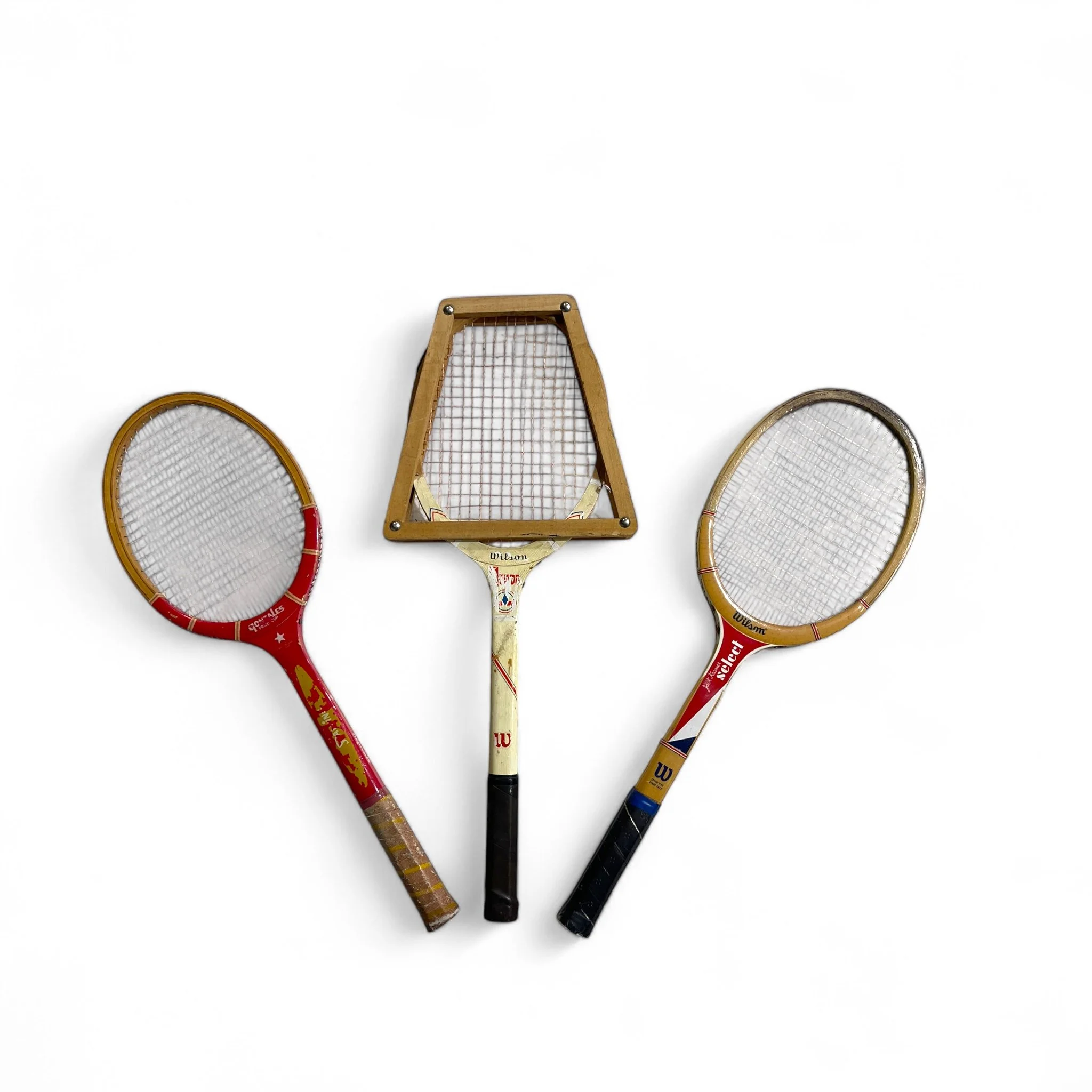 Vintage set of 3 wooden tennis rackets -Spalding Woodstar Gonzales Prize Cup, Wilson Sport with press, Wilson Jack Kramer Select. Unique game room wall decor.