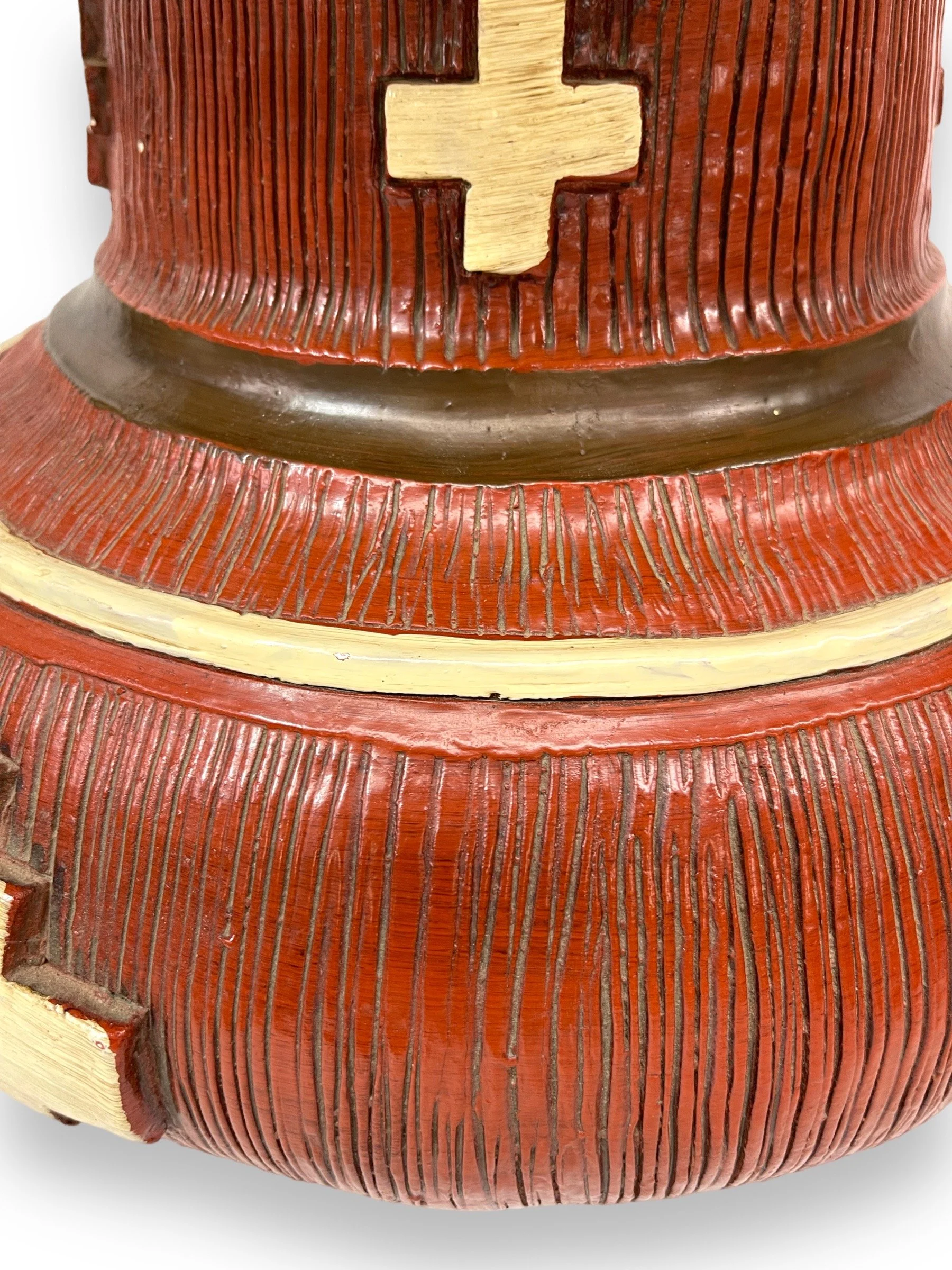 Vintage 31 inch tall ceramic table lamp with shade by American Lamp Co., featuring a southwestern geometric pattern in earth tone colors.