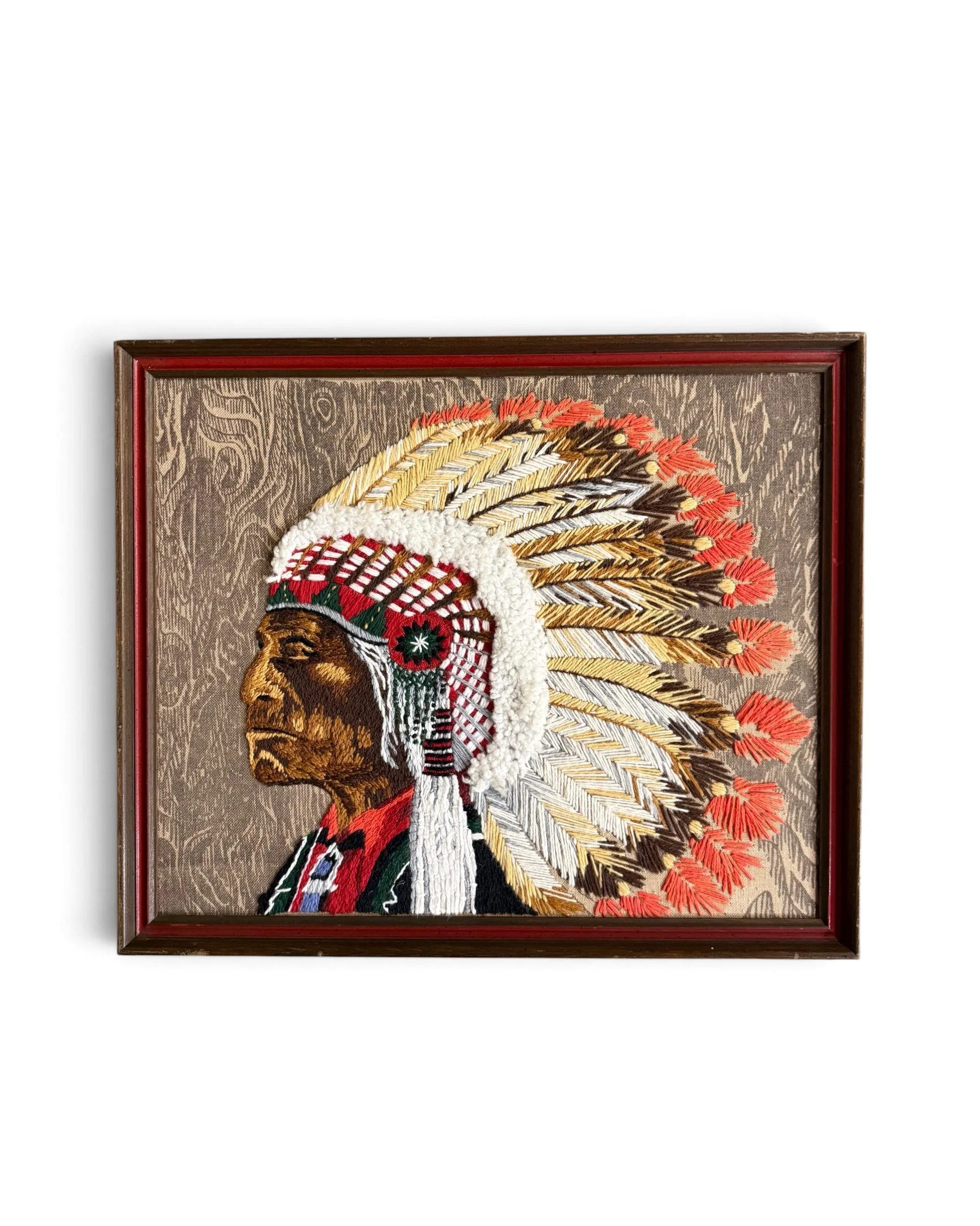 vintage 1970s Native American Chief crewel embroidery framed art