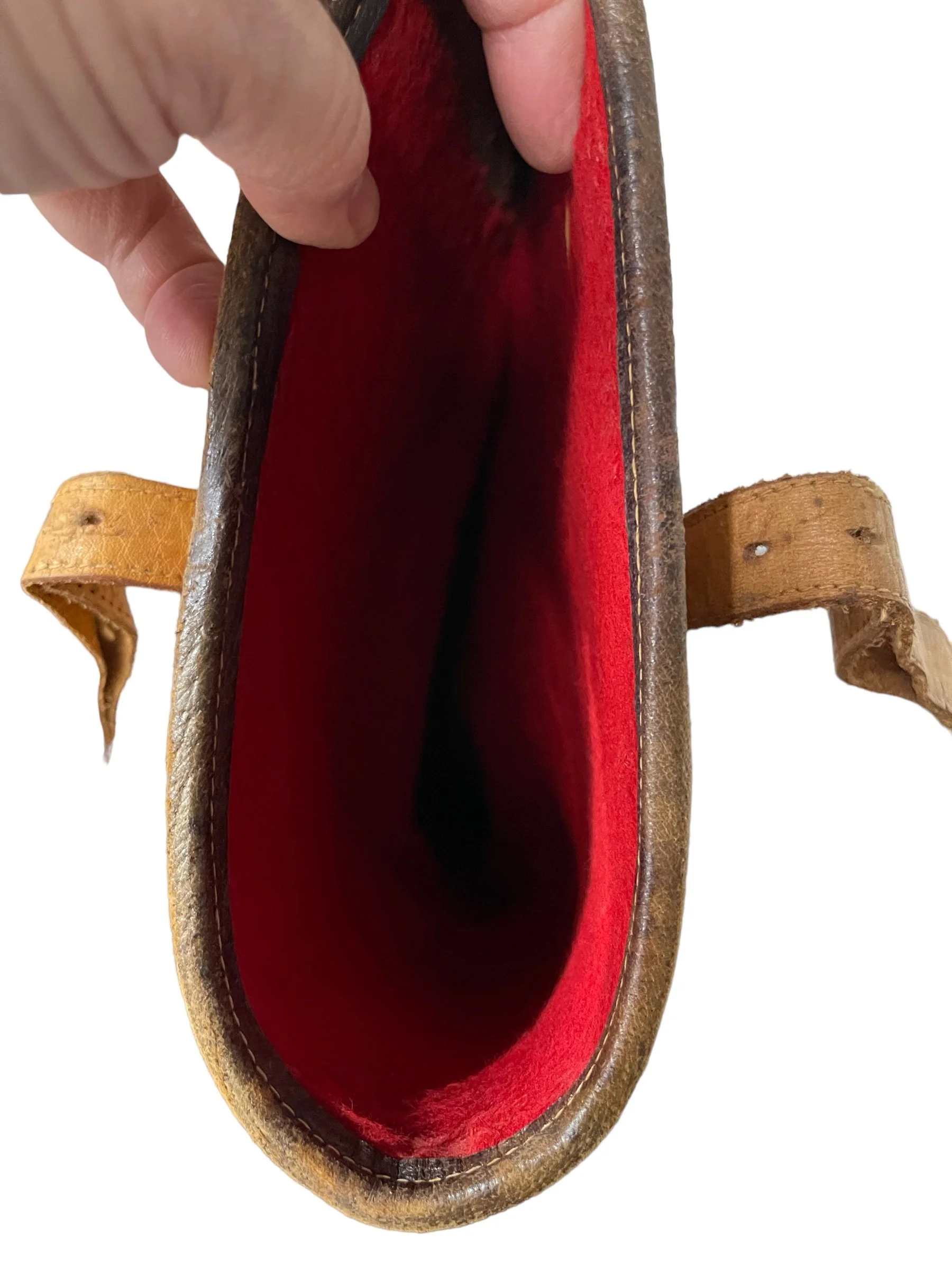 Vintage genuine leather hand tooled two piece rifle case lined in red fleece. Embossed flowers, deer on gun case.