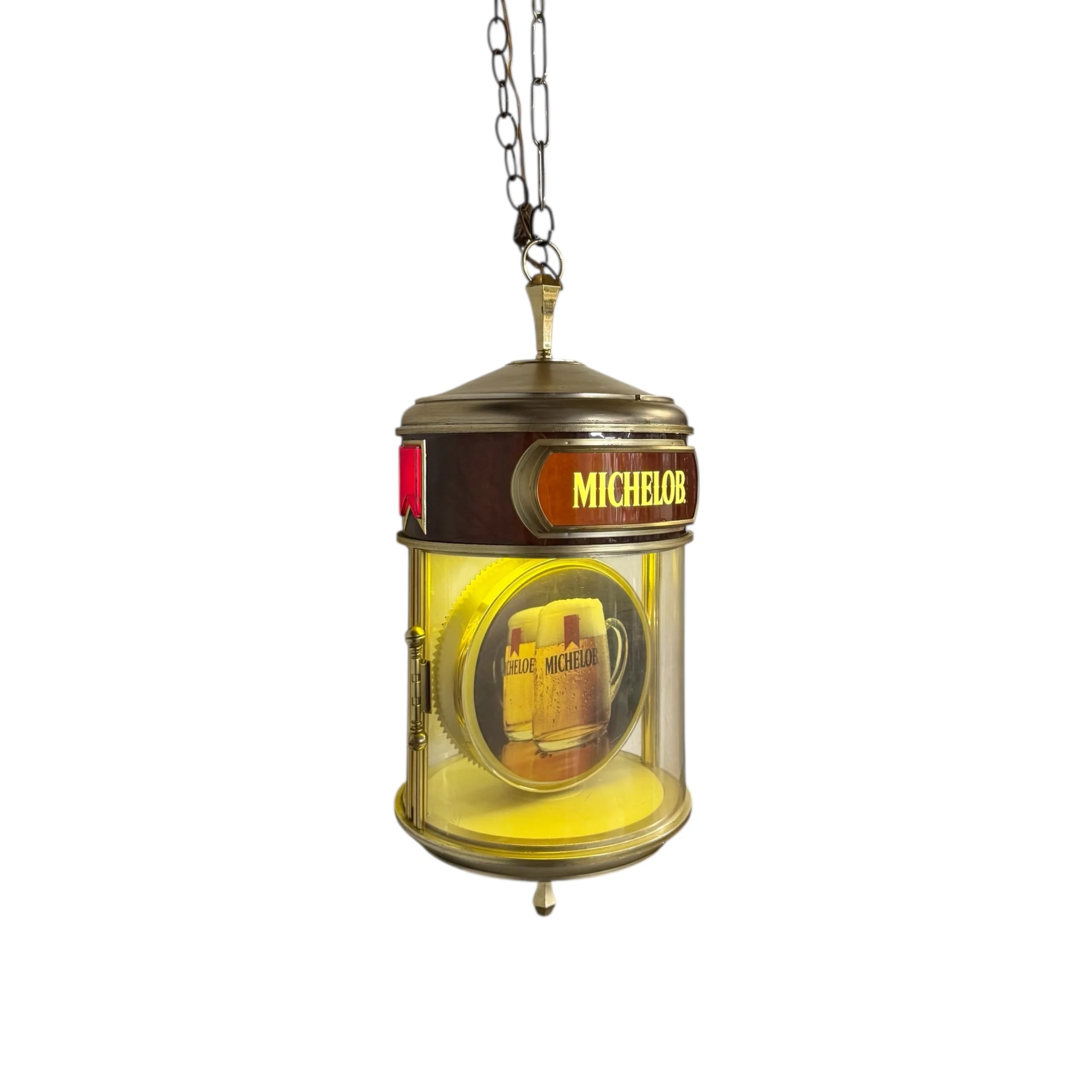 Vintage Michelob motion beer light, American Heritage model, circa 1970s. Features a rotating interior medallion with image of Michelob beer in a glass, creating a motion effect when lit.