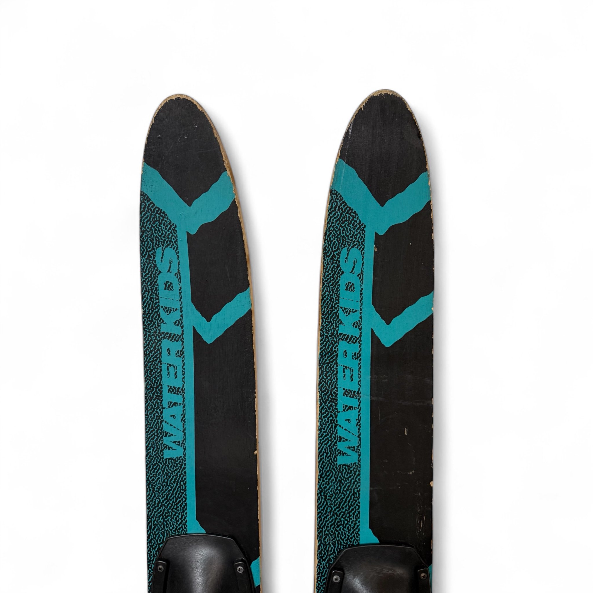 Vintage wooden kids water skis by Water Kids profile in black and turquoise, retro lake house or nautical wall decor accent piece.