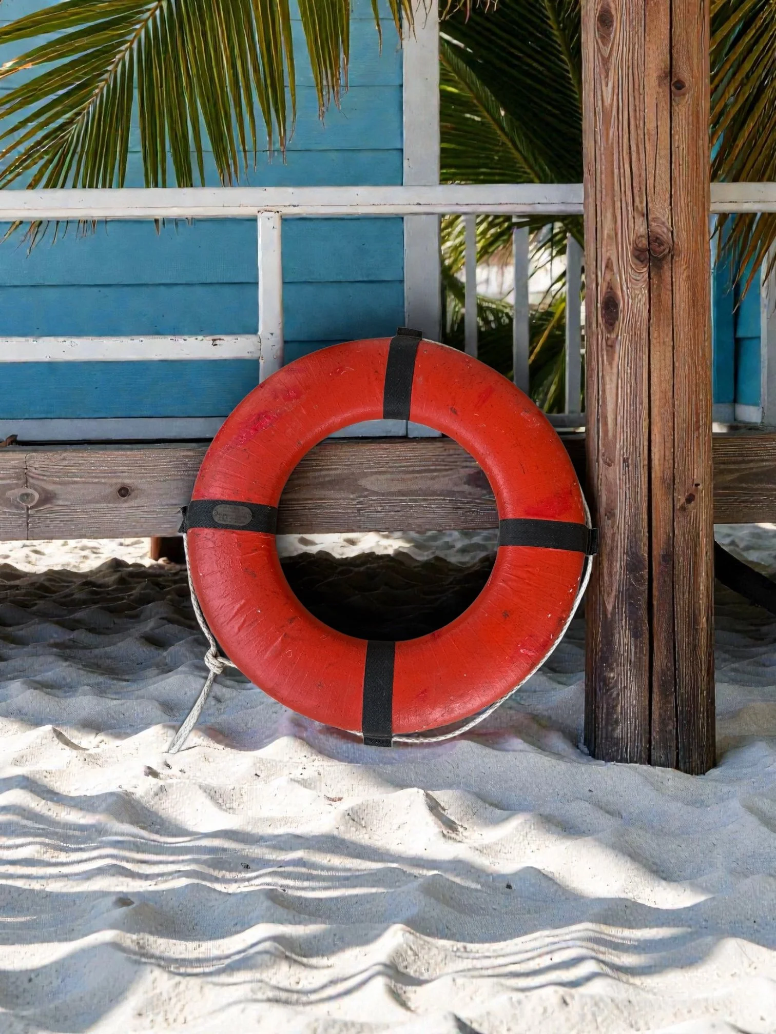 vintage US Coast guard orange 30 inch life ring buoy leaning against a porch on a beachfront home