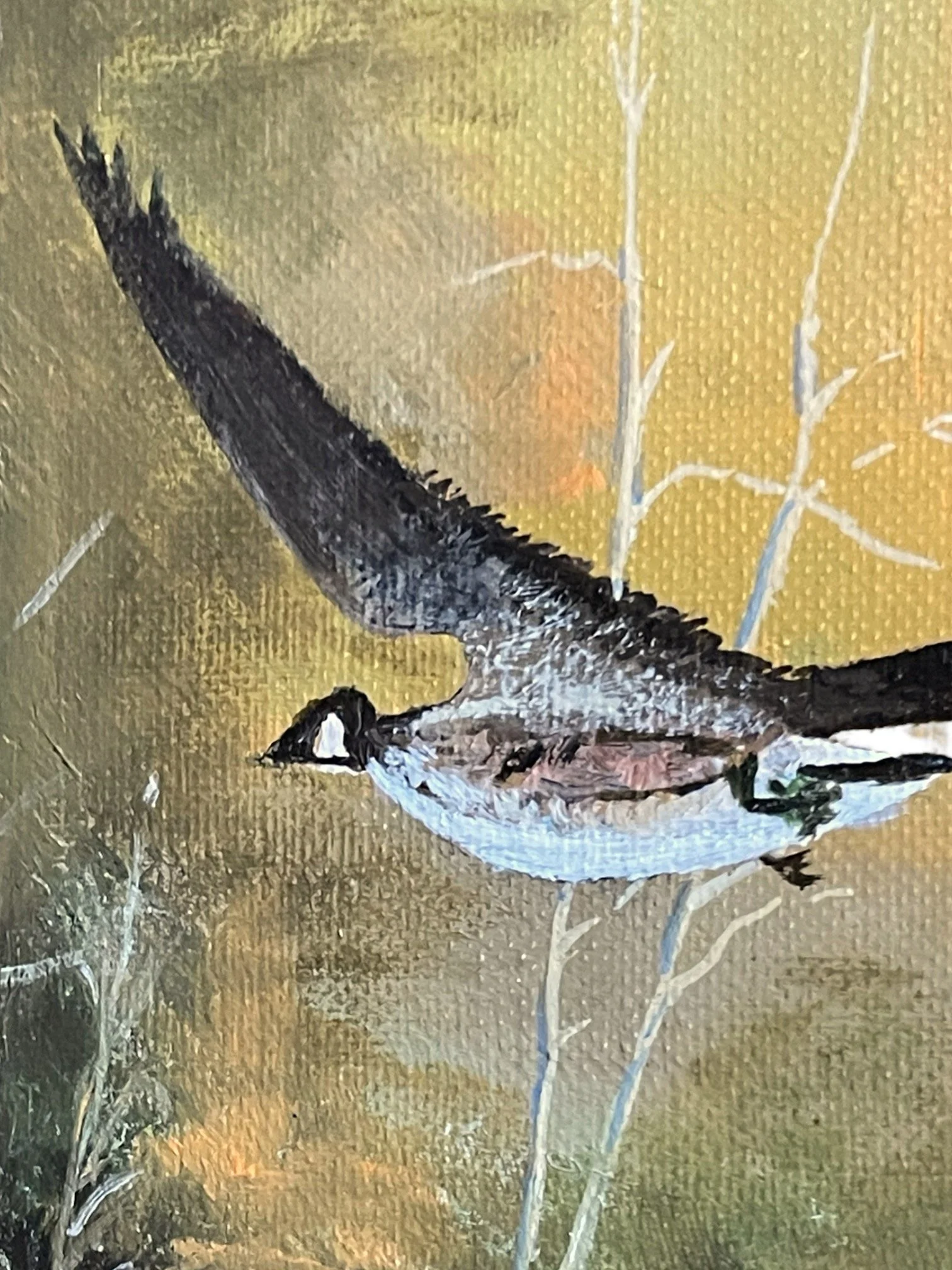Vintage original painting of Canada geese in flight framed, painted on a Masterpiece canvas board. Signed, dated by artist.
