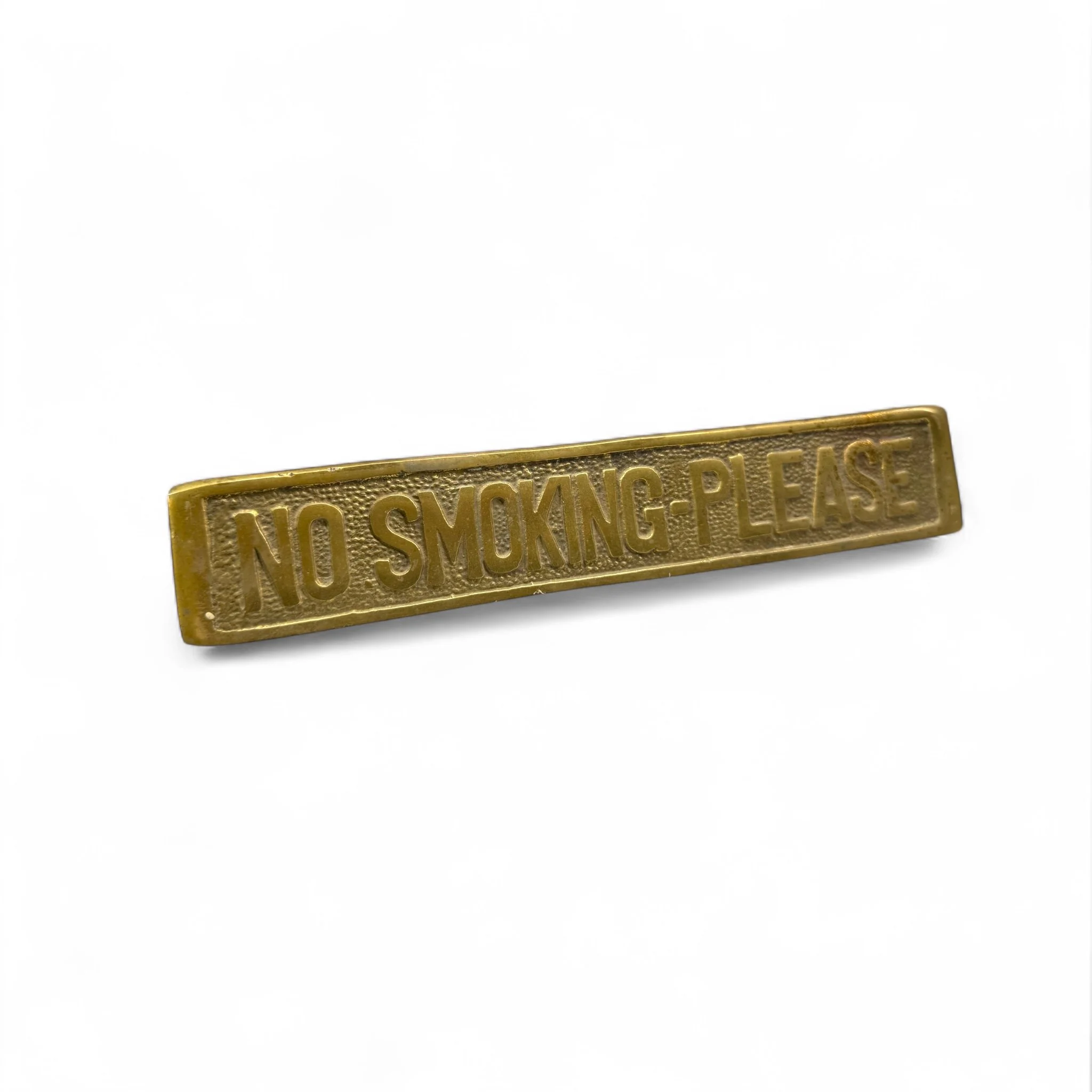 Vintage solid brass No Smoking Please office desk plaque, rectangle in shape, perfect for styling a workplace or gift for executive.