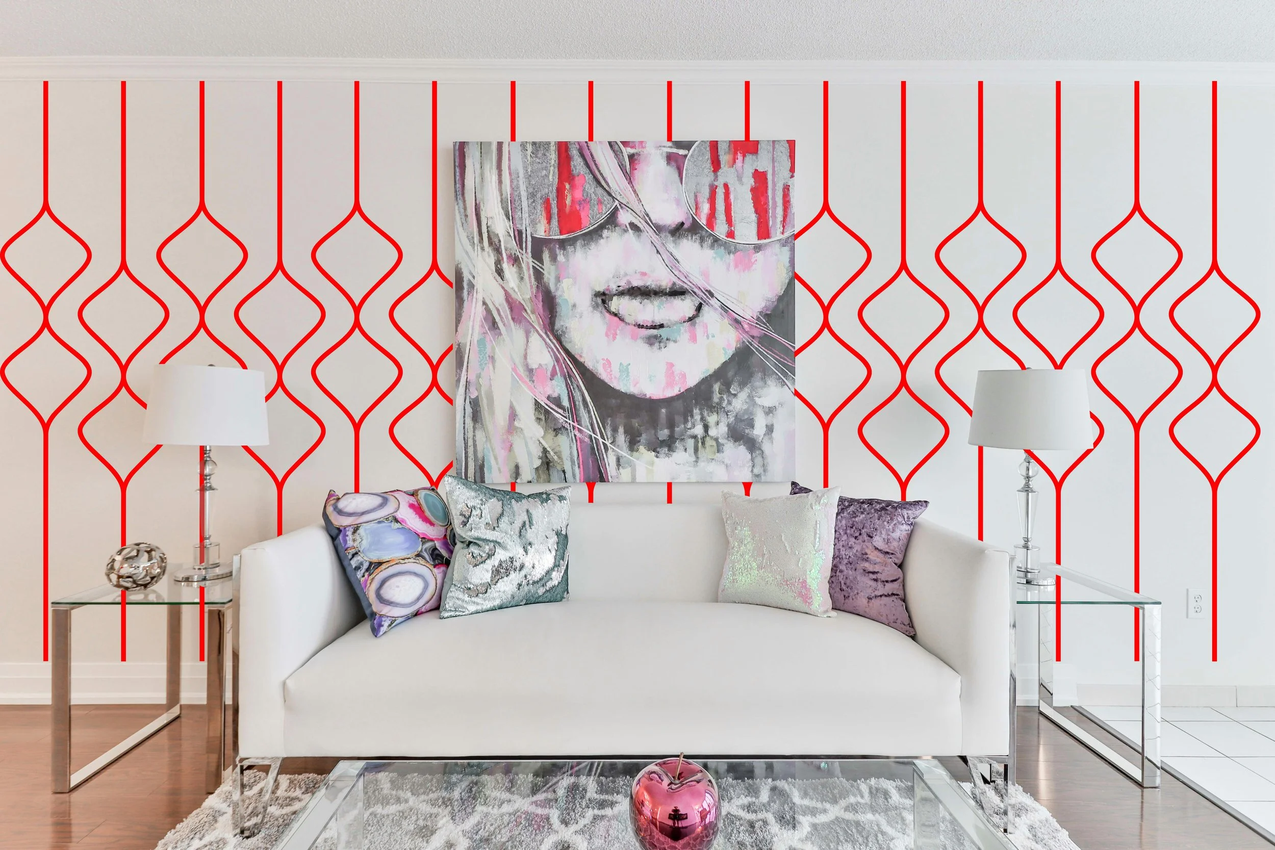 Removable vinyl wall decal in a minimalist mod pattern, perfect for modern and contemporary home decor.