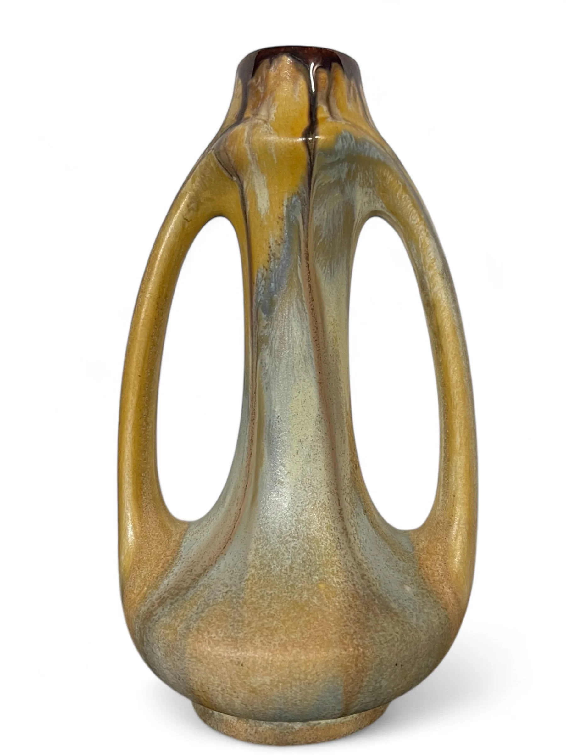 Vintage 9 1/2 inch tall, double handle Belgium style ceramic pottery vase in drip glaze earth tone colors.