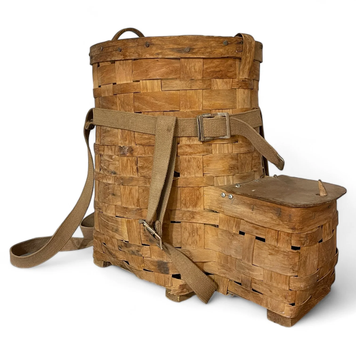 A large vintage Adirondack Pack Basket - 2 Compartments, 1 with lid, canvas adjustable shoulder straps.