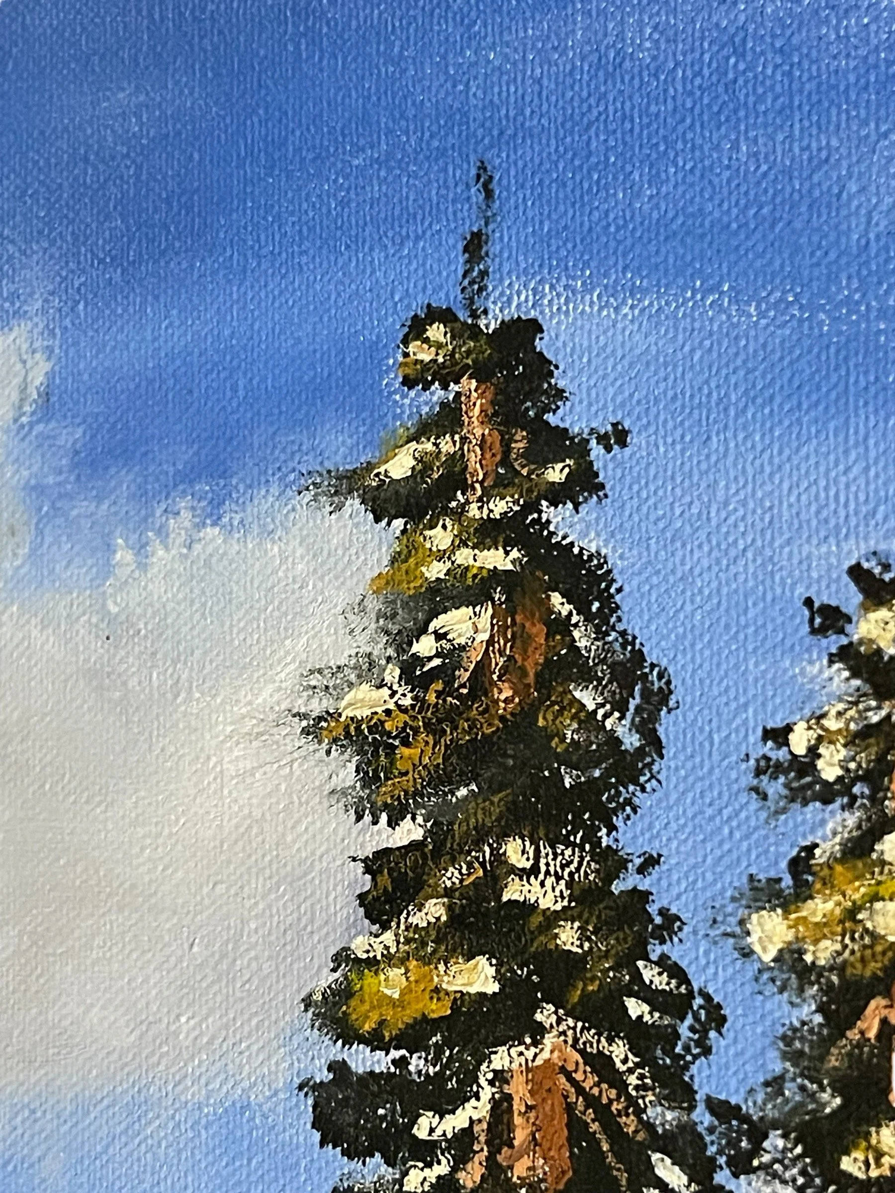 Vintage framed 22x26 original oil painting of a winter snowy scene, trees, mountain, river under partly cloudy skies, gold ornate wood frame.