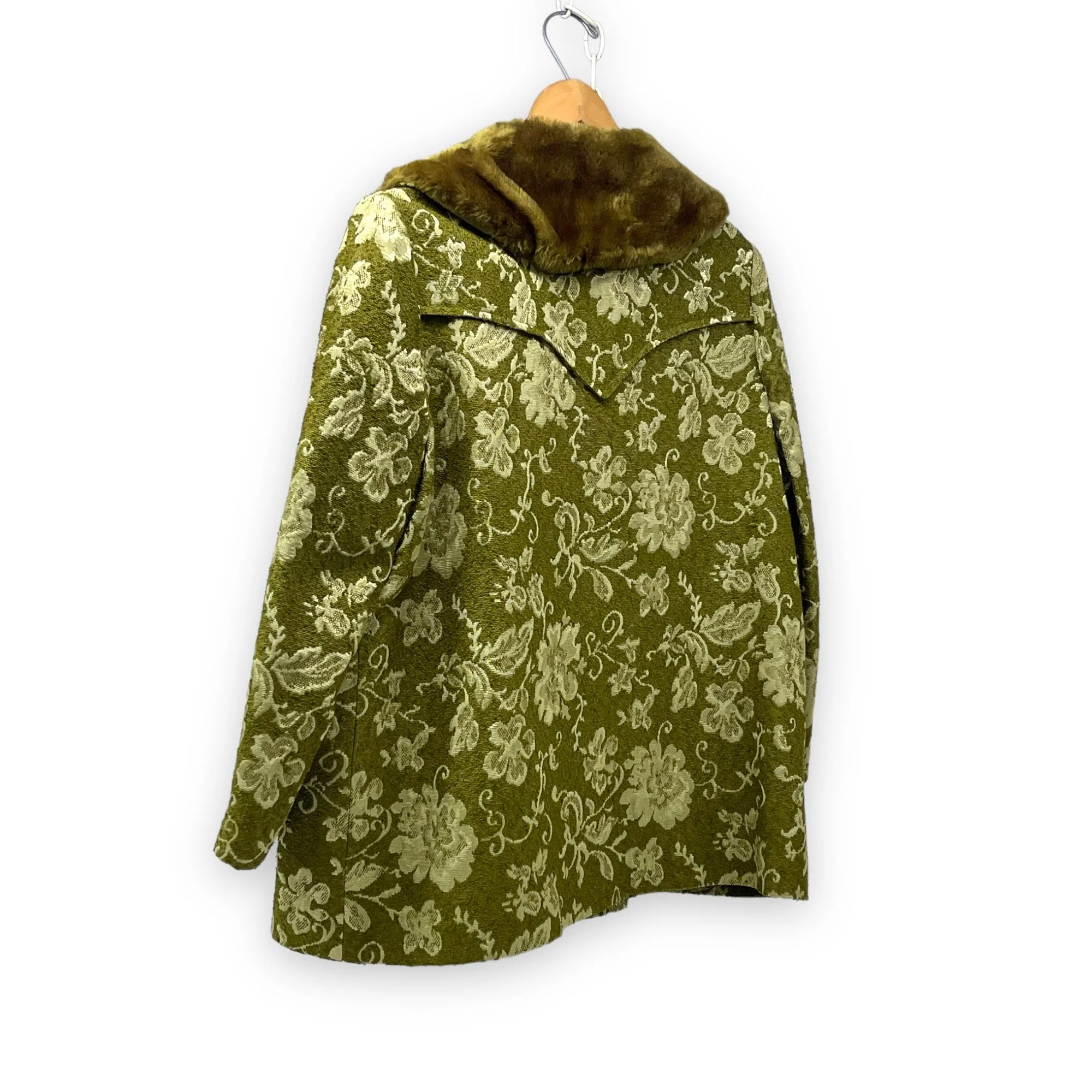 Vintage 1960s women's Westwear jacket in green floral tapestry, classic ranch style with button front closure, fully lined, front pockets, and western yoke detailing.