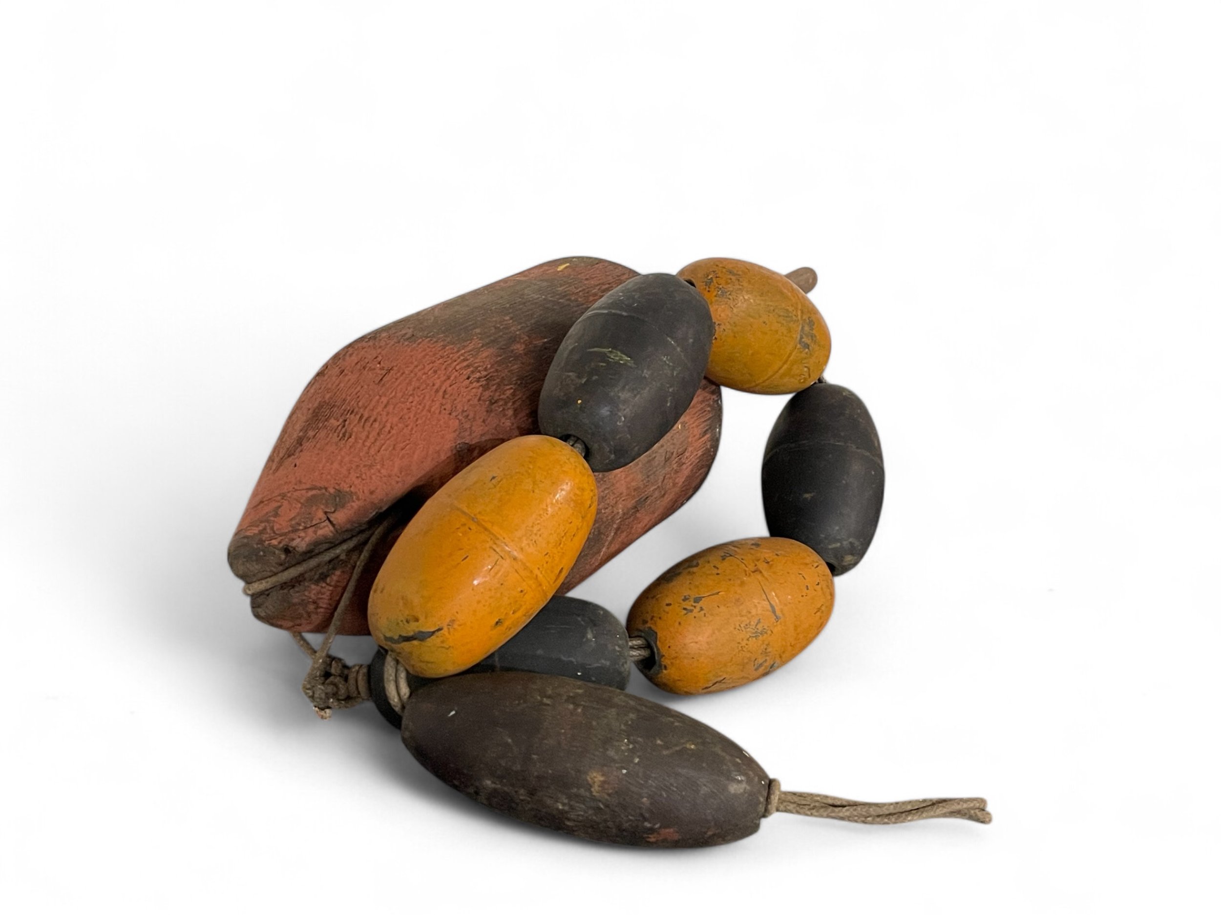 Vintage wooden lobster buoy with floats, chippy red, orange, black paint, 67 inches