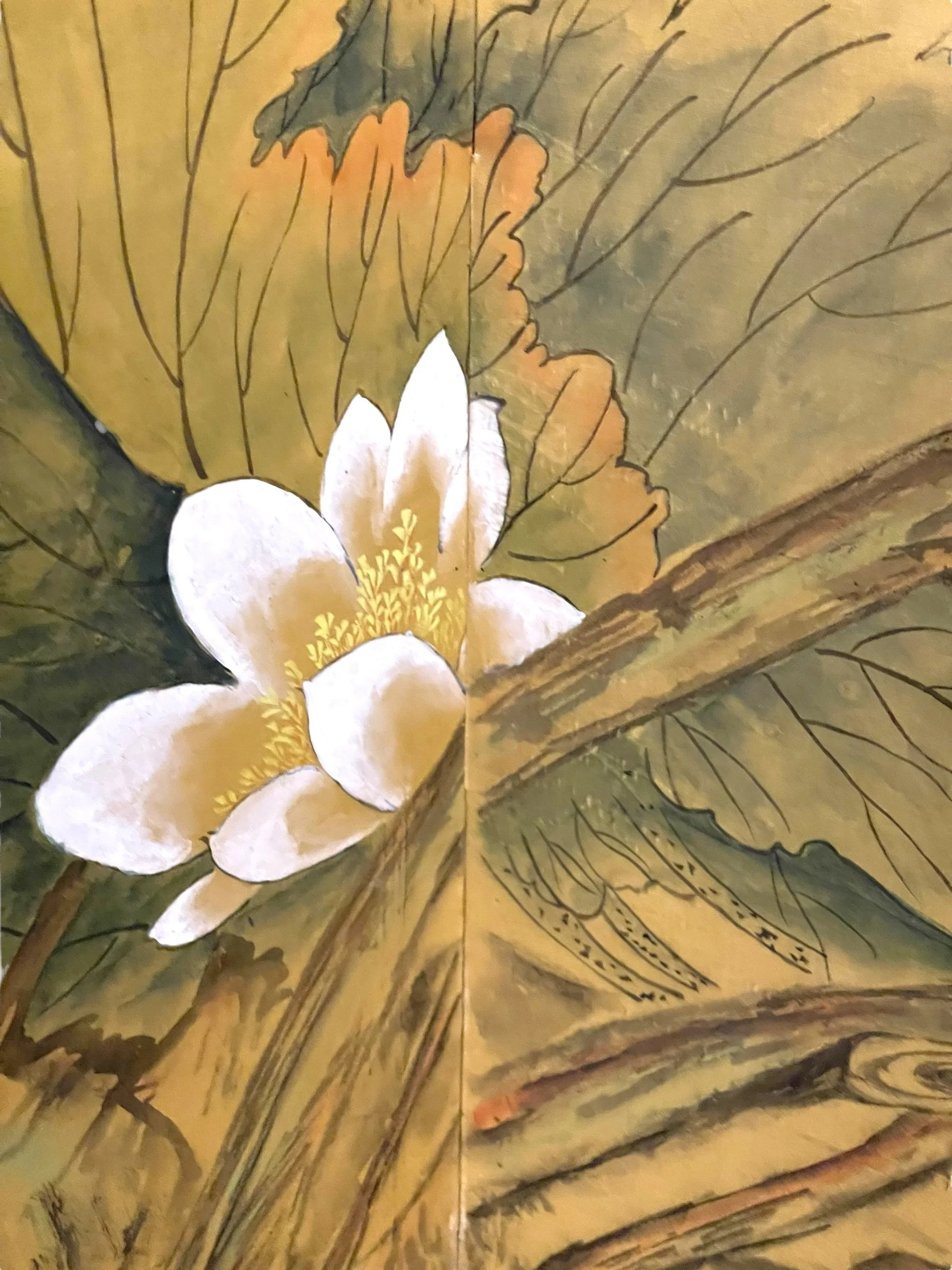 A vintage 4 panel Asian room divider folding screen, hand painted silk screen nature scene, consisting of lotus flowers, birds, willow trees, and Chinese lettering.