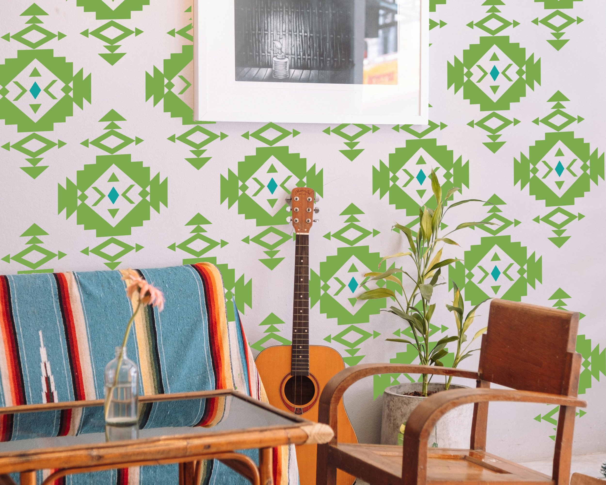 Western Navajo style removable wall decals with geometric desert design, 2 color vinyl stickers, perfect for Southwestern or rustic home decor.