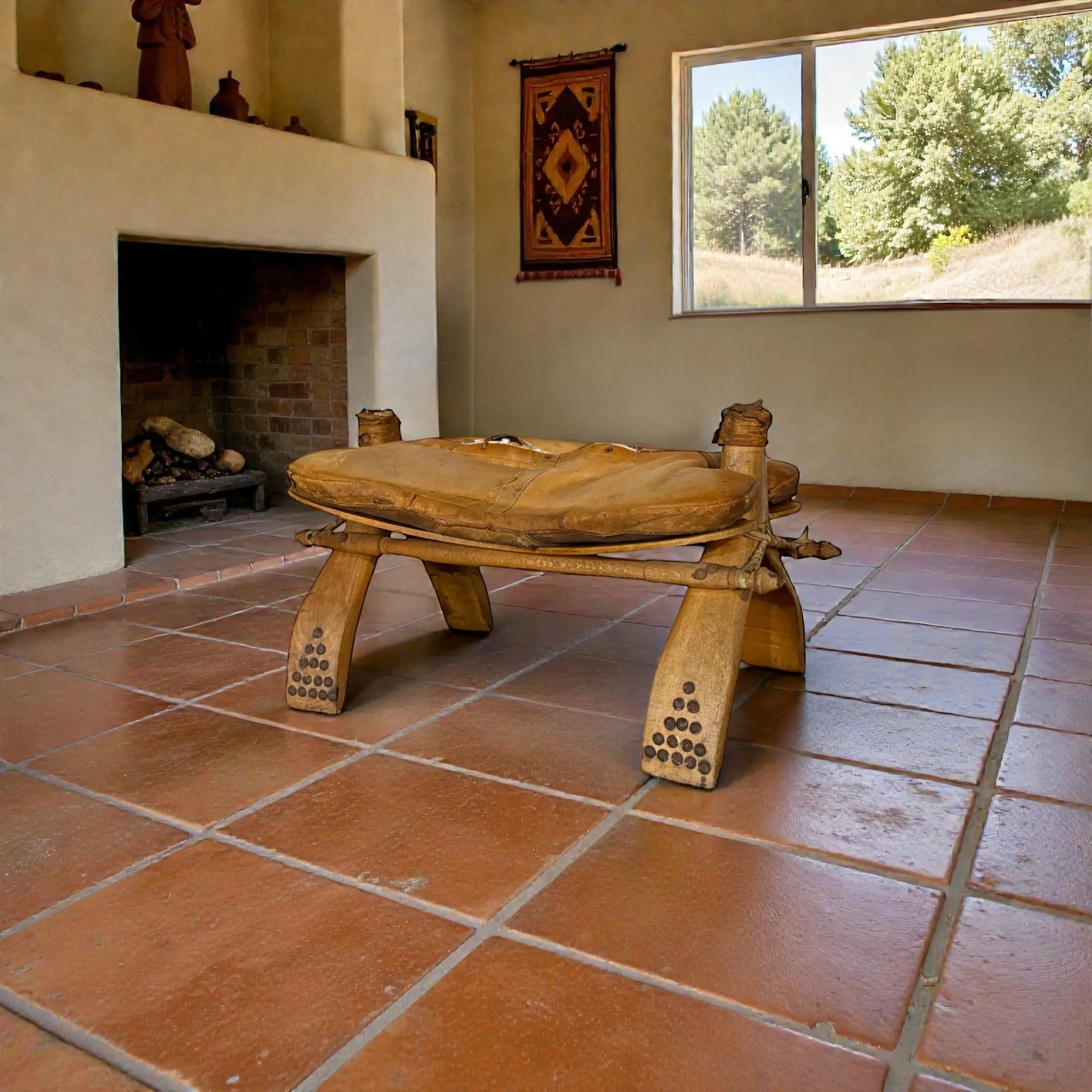 Vintage camel saddle stool with leather cushion and studded wooden displayed in a southwestern adobe style living room