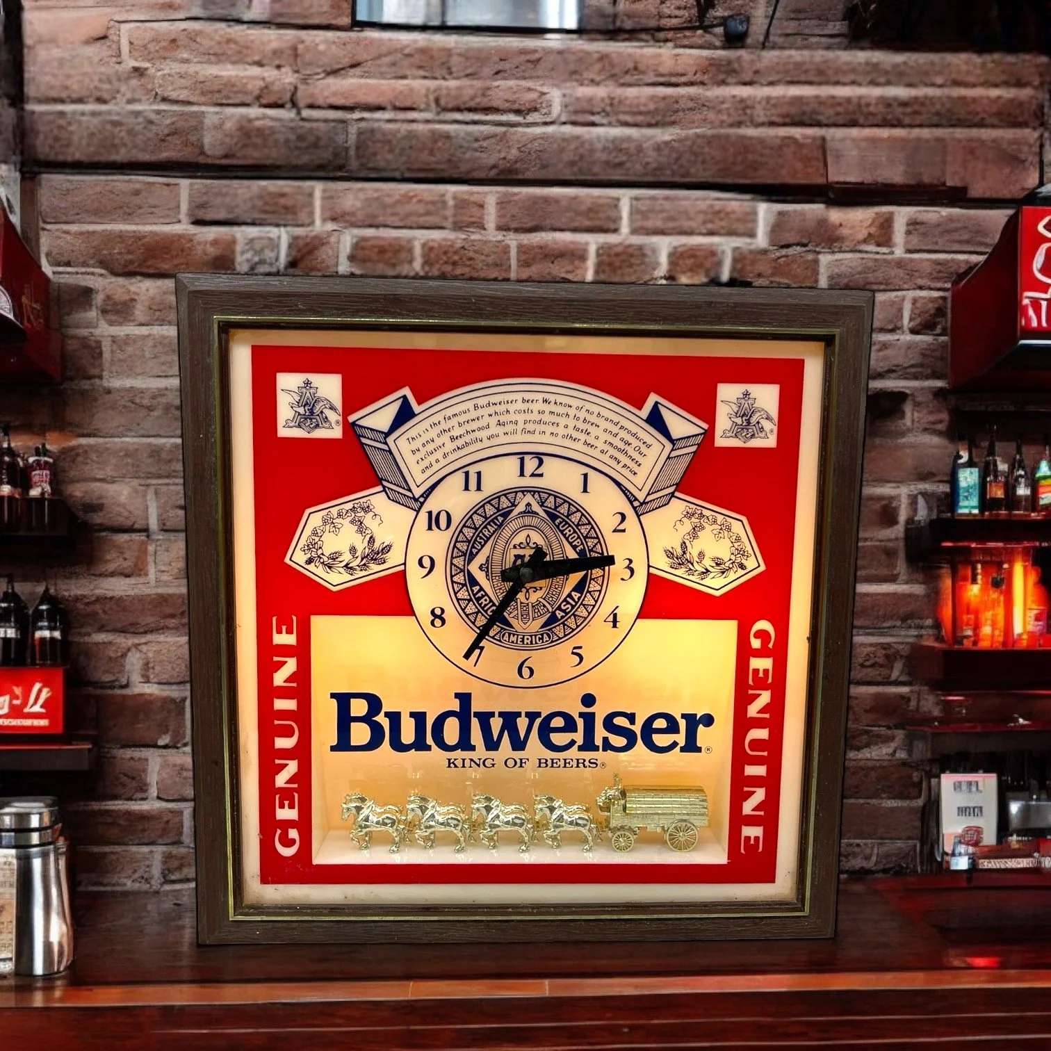 Vintage lighted Budweiser Deluxe Label Sign with clock, square shape, 13 1/2 x 13 1/2 inches, featuring 3D Clydesdales, Union Made.