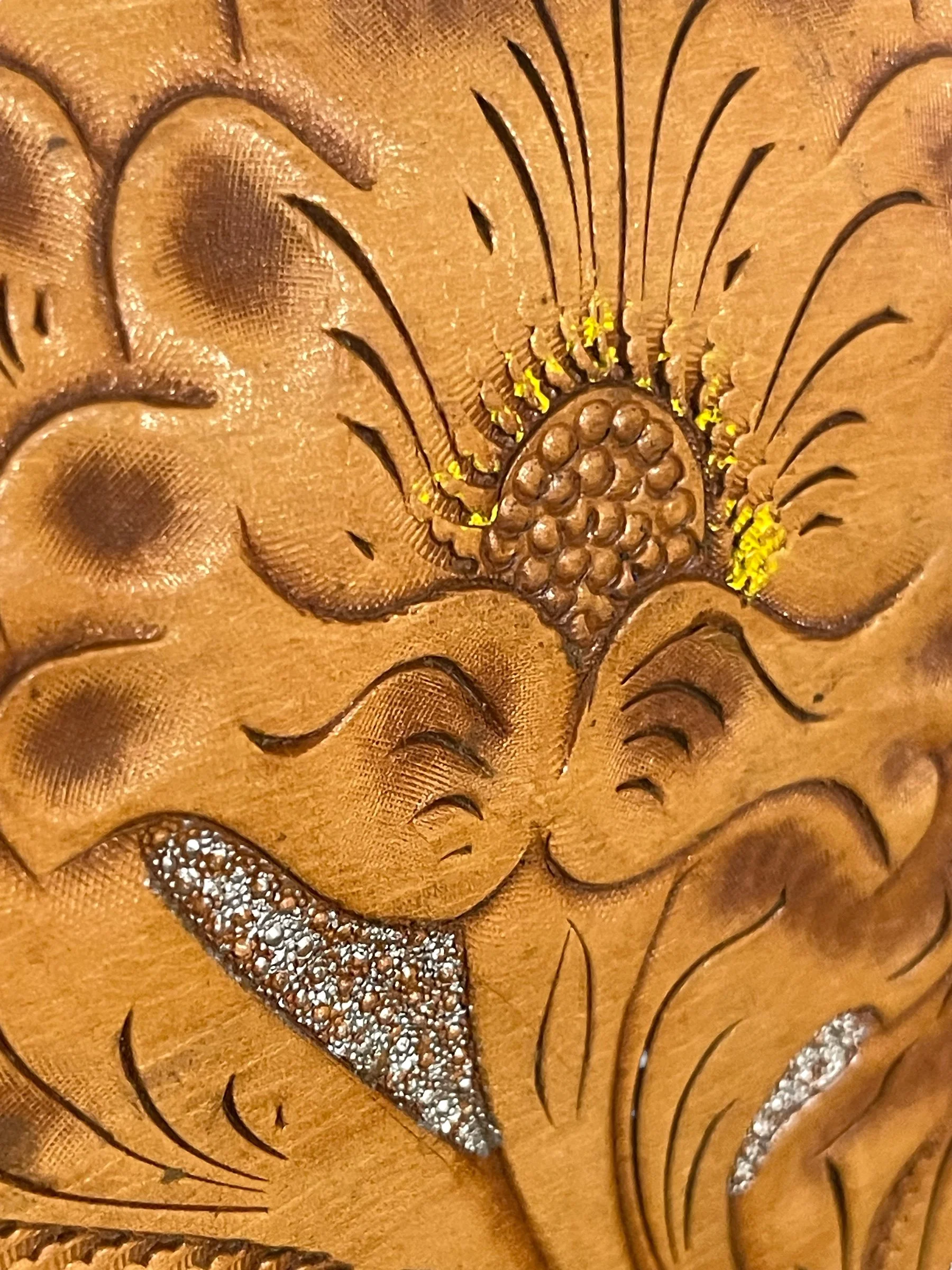 Vintage genuine leather hand tooled two piece rifle case lined in red fleece. Embossed flowers, deer on gun case.