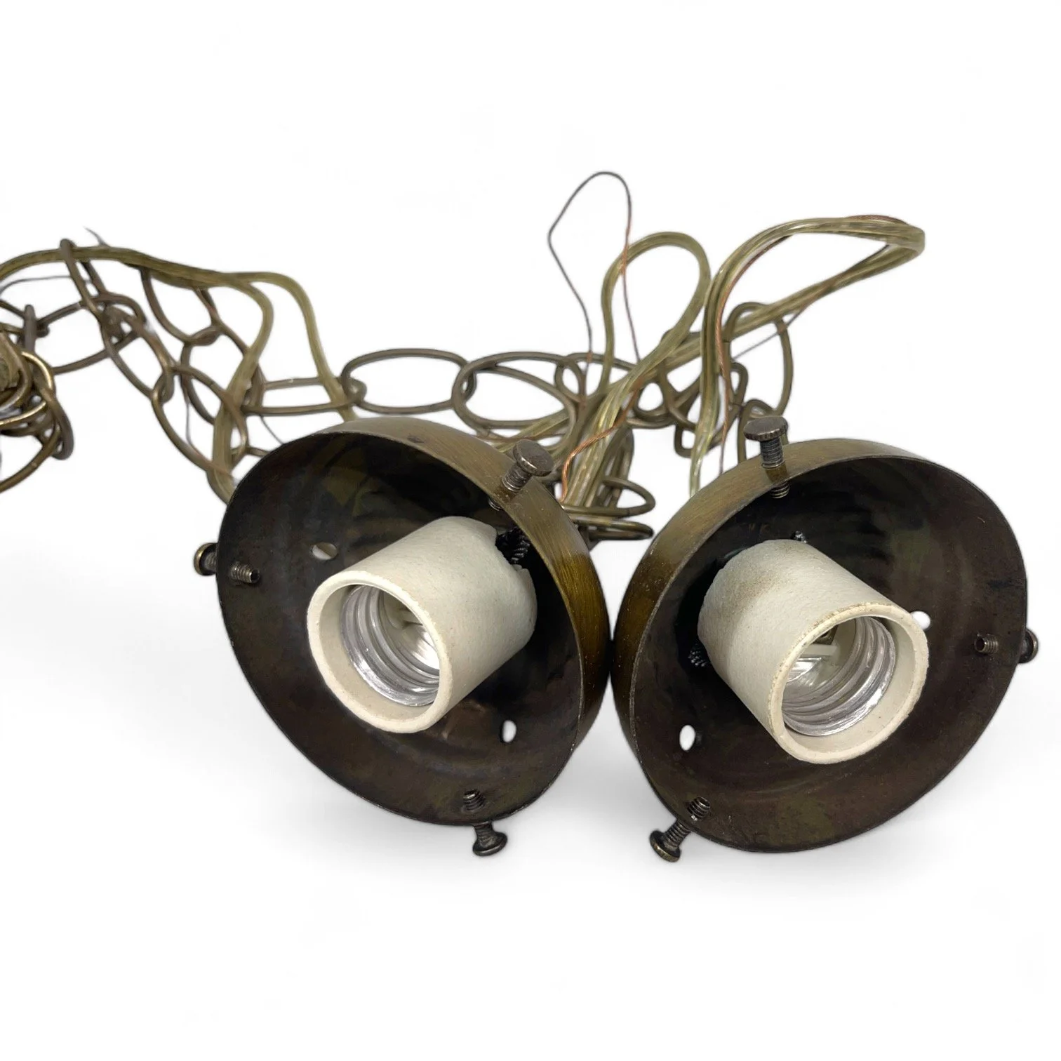 Pair of vintage hardwired crackle glass globe pendant hanging lights by Spring Lighting Corp.