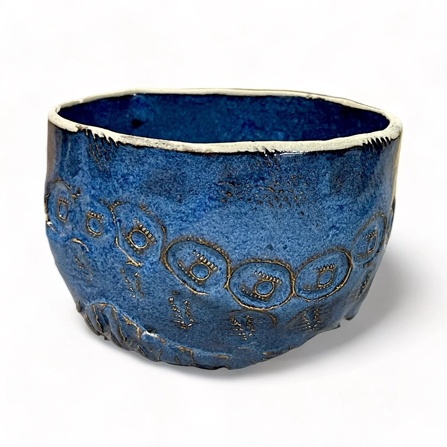 Vintage 7 piece handmade studio pottery collection of vases, bowls, mug in blue, turquoise and brown.