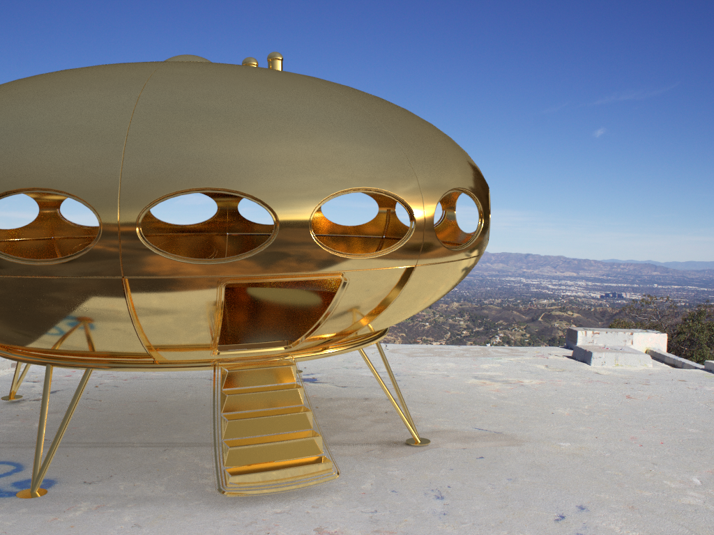  A photo of a gold Futuro Home which is an oval home designed to look like a spacecraft. The Futuro home sits on a concrete slab overlooking a canyon on high up mountain peek.  This photo is not real but a mockup of what the Futuro home would look li