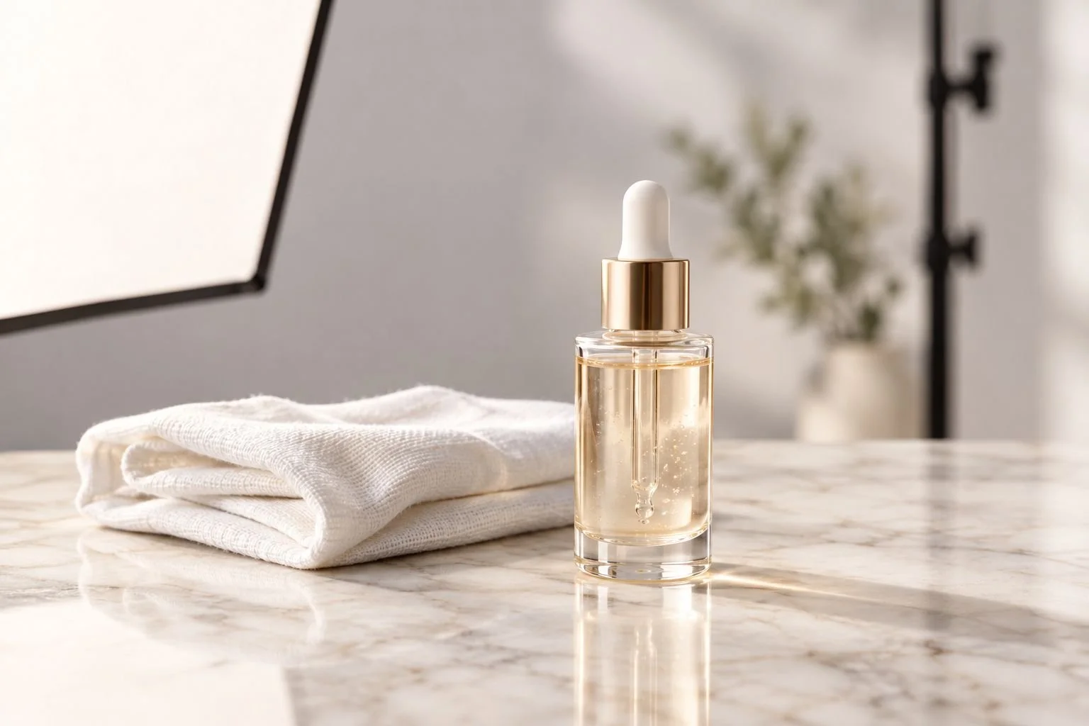 Glass skincare bottle styled on marble under studio softbox lighting