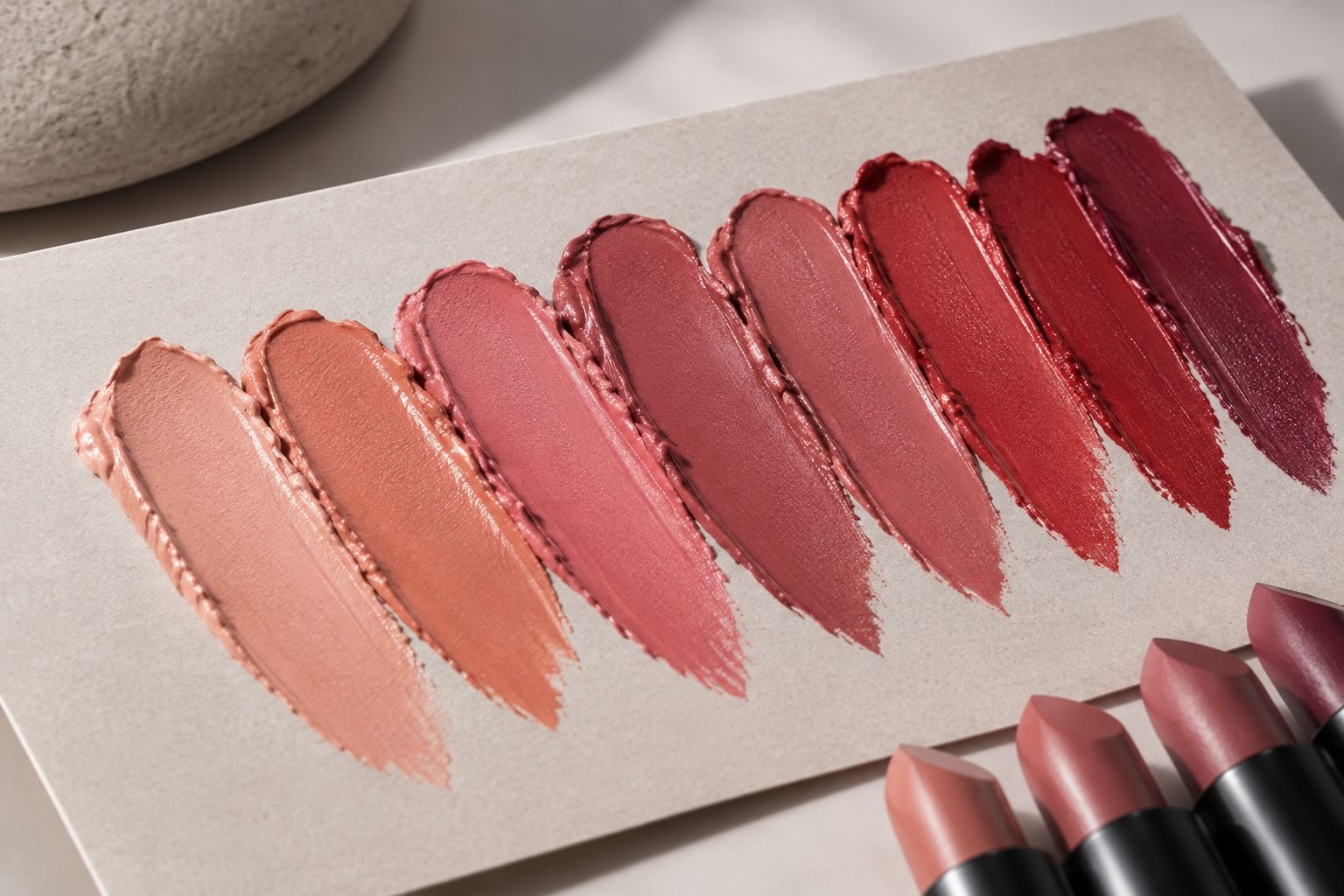 Macro shot of lipstick swatches showing true color and texture under studio light