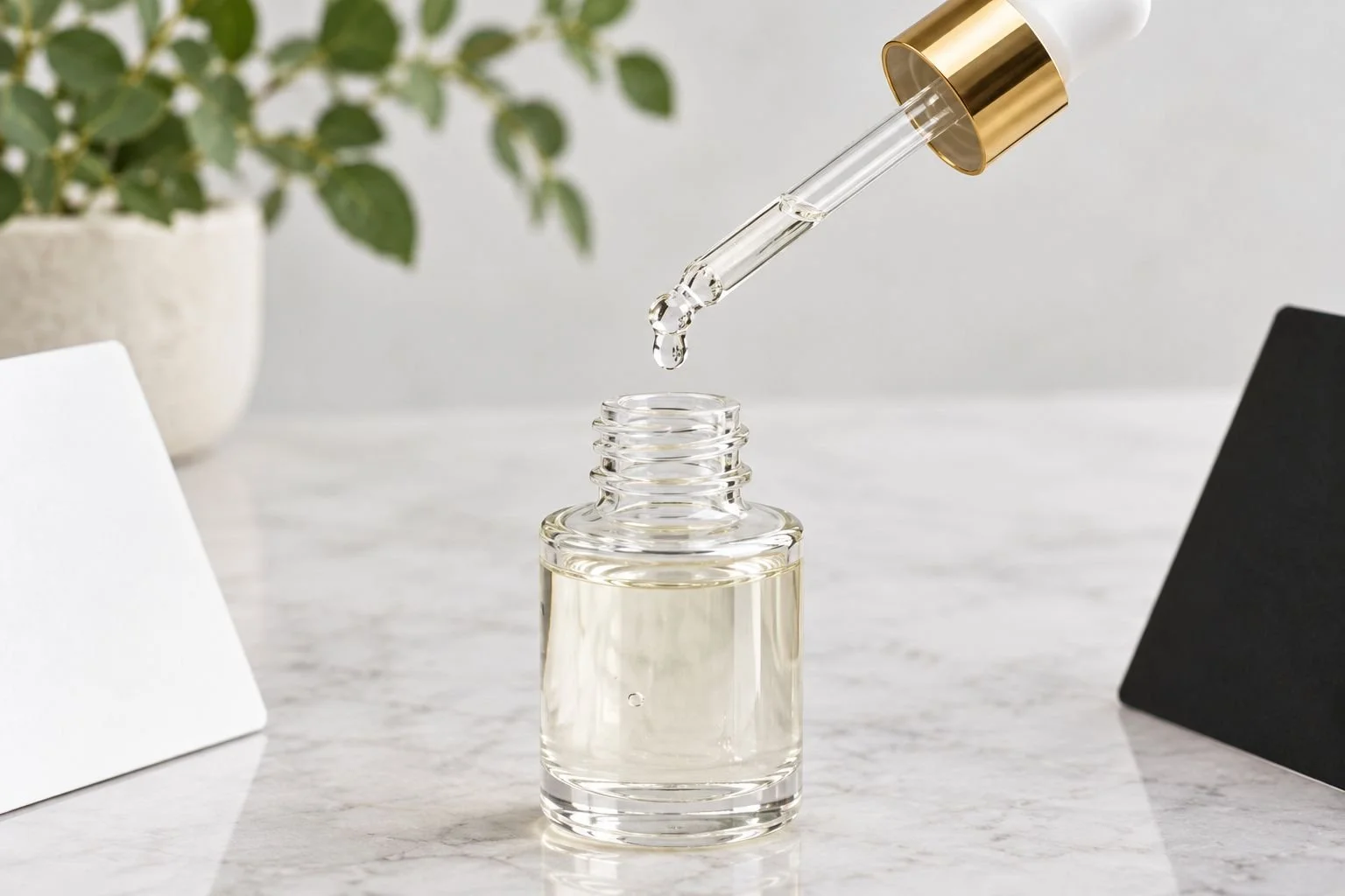 Angled glass serum dropper above an open bottle under diffused studio light
