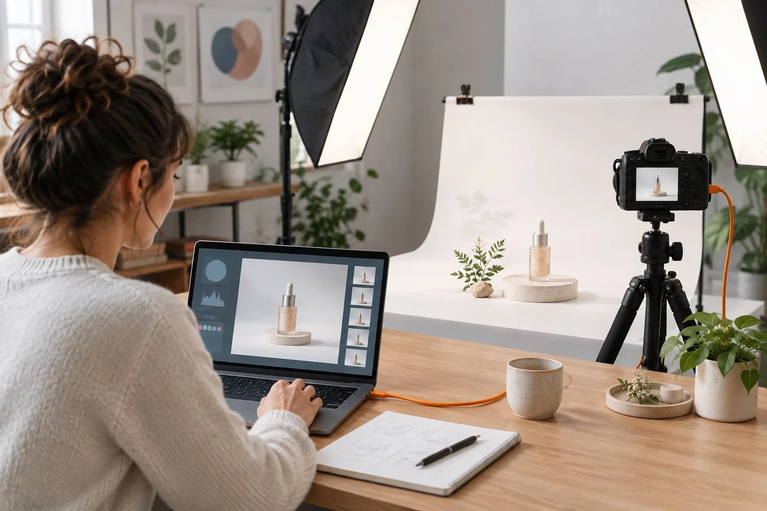 Tethered camera setup with a laptop showing a live capture preview during a product shoot
