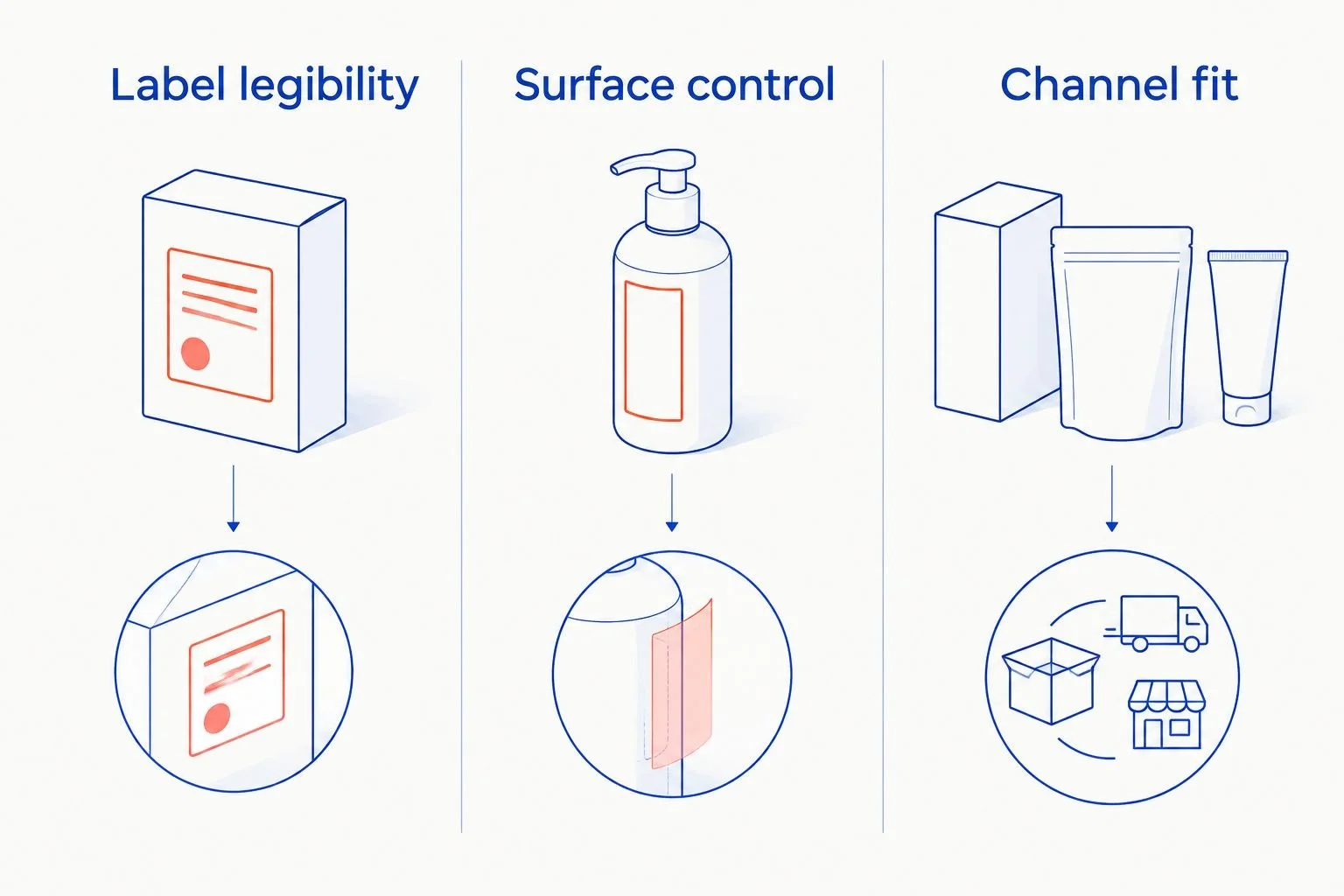 Three criteria for assessing cosmetic packaging photography: label legibility, surface control, and channel fit
