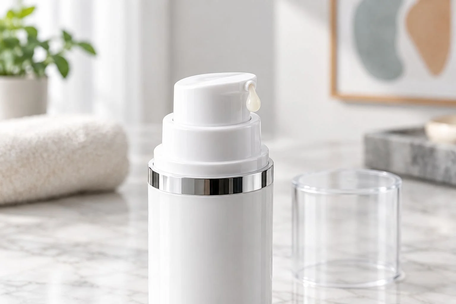 Macro view of an airless pump dispensing a small bead of skincare formula