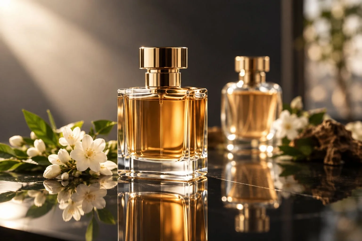 Perfume bottle photographed under studio lighting on a reflective surface