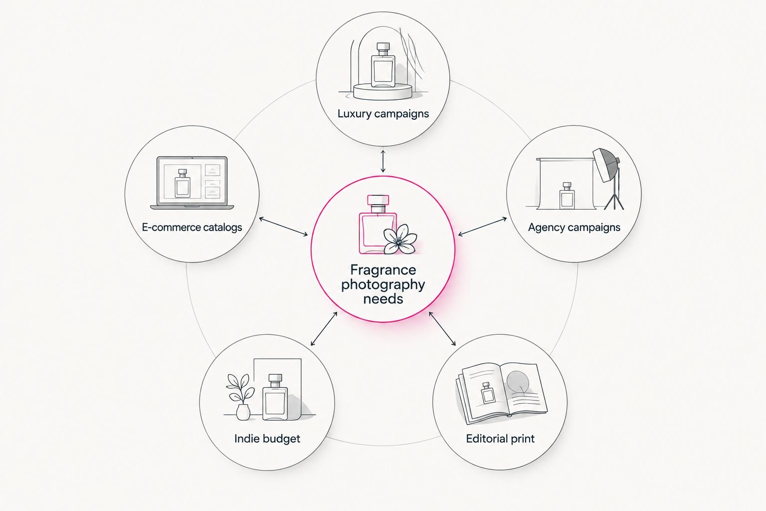 Diagram showing five fragrance photography needs branching from a central hub