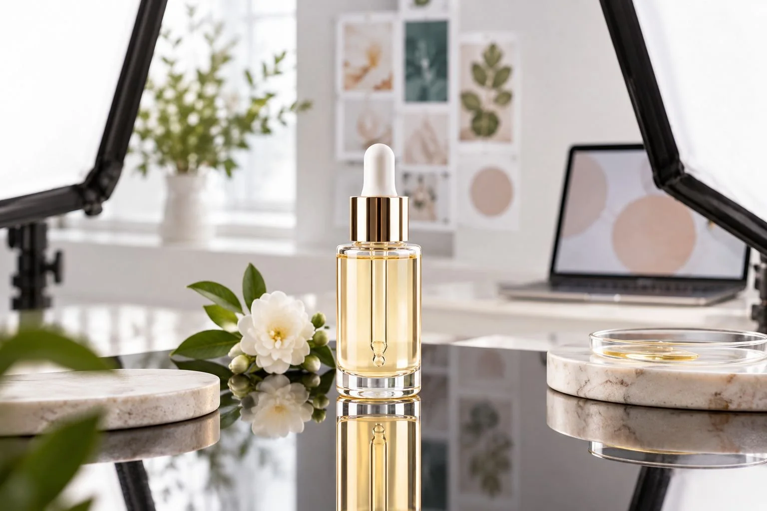 Glass skincare bottle lit for product photography with softbox lighting on a reflective surface