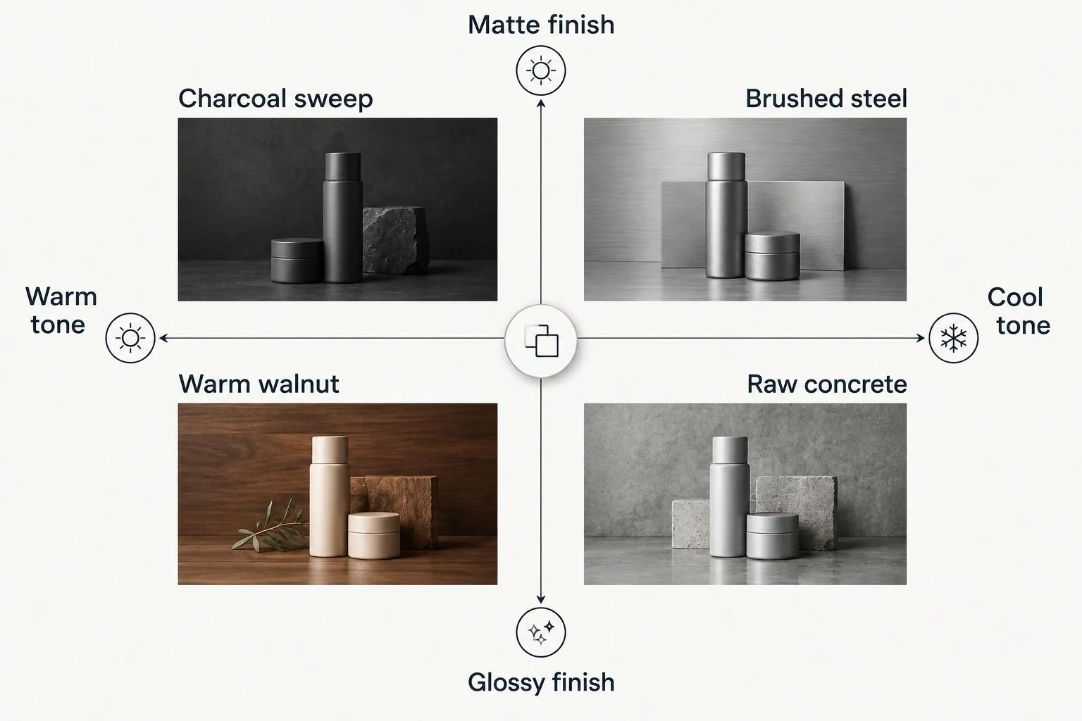 A 2x2 matrix comparing backdrop tones for men's skincare product photography
