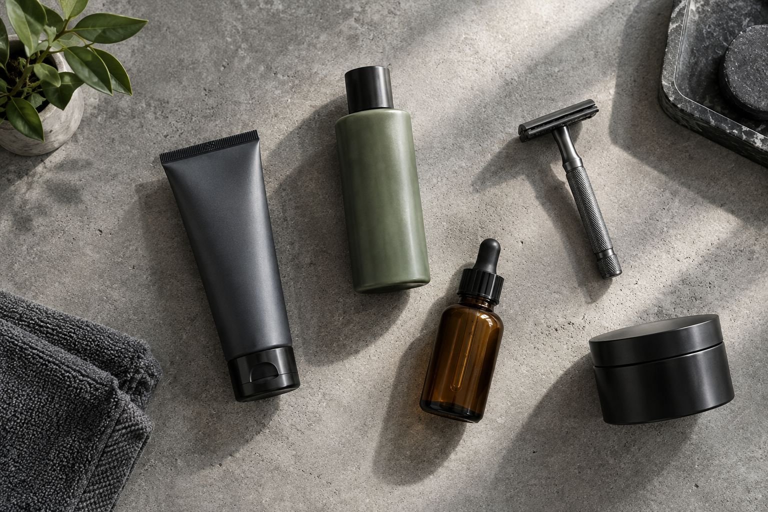 Grooming tools and matte skincare tubes styled together on a concrete surface