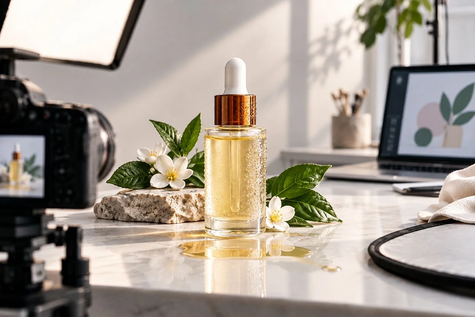 Macro studio shot of a glass serum bottle showing light reflection and texture