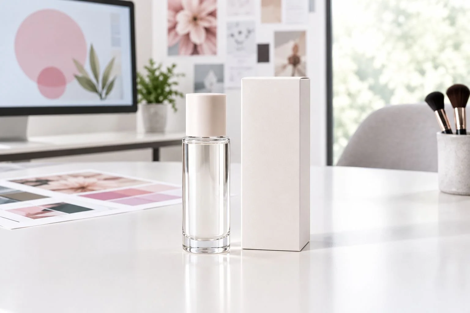 An unbranded glass cosmetic bottle and carton with clearly visible edges and controlled reflections