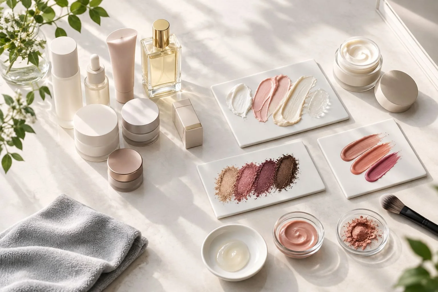 Beauty packaging samples separated from opened products and texture swatches