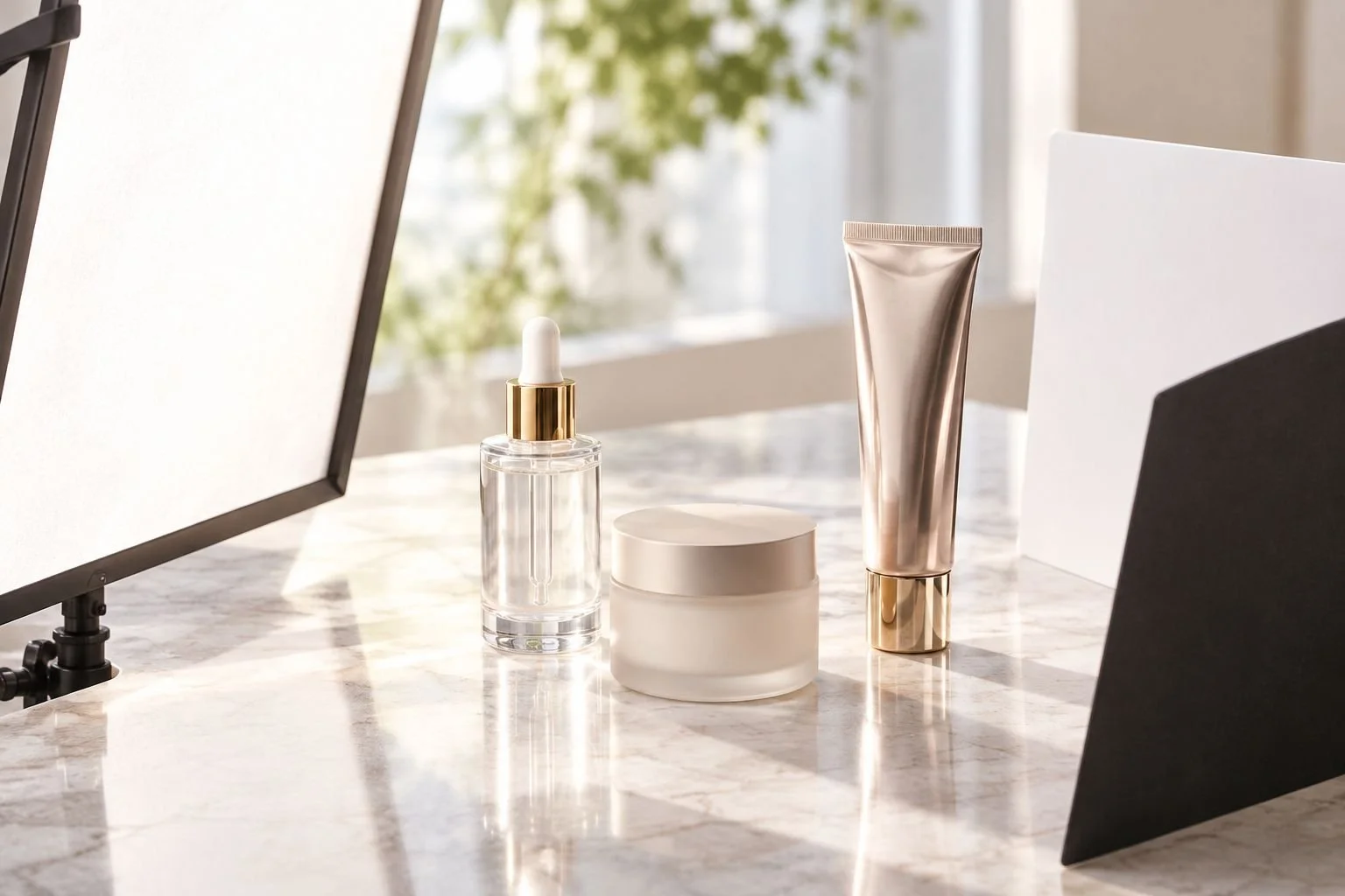 Unbranded cosmetic packaging beside a diffusion panel and cards used to control reflections.