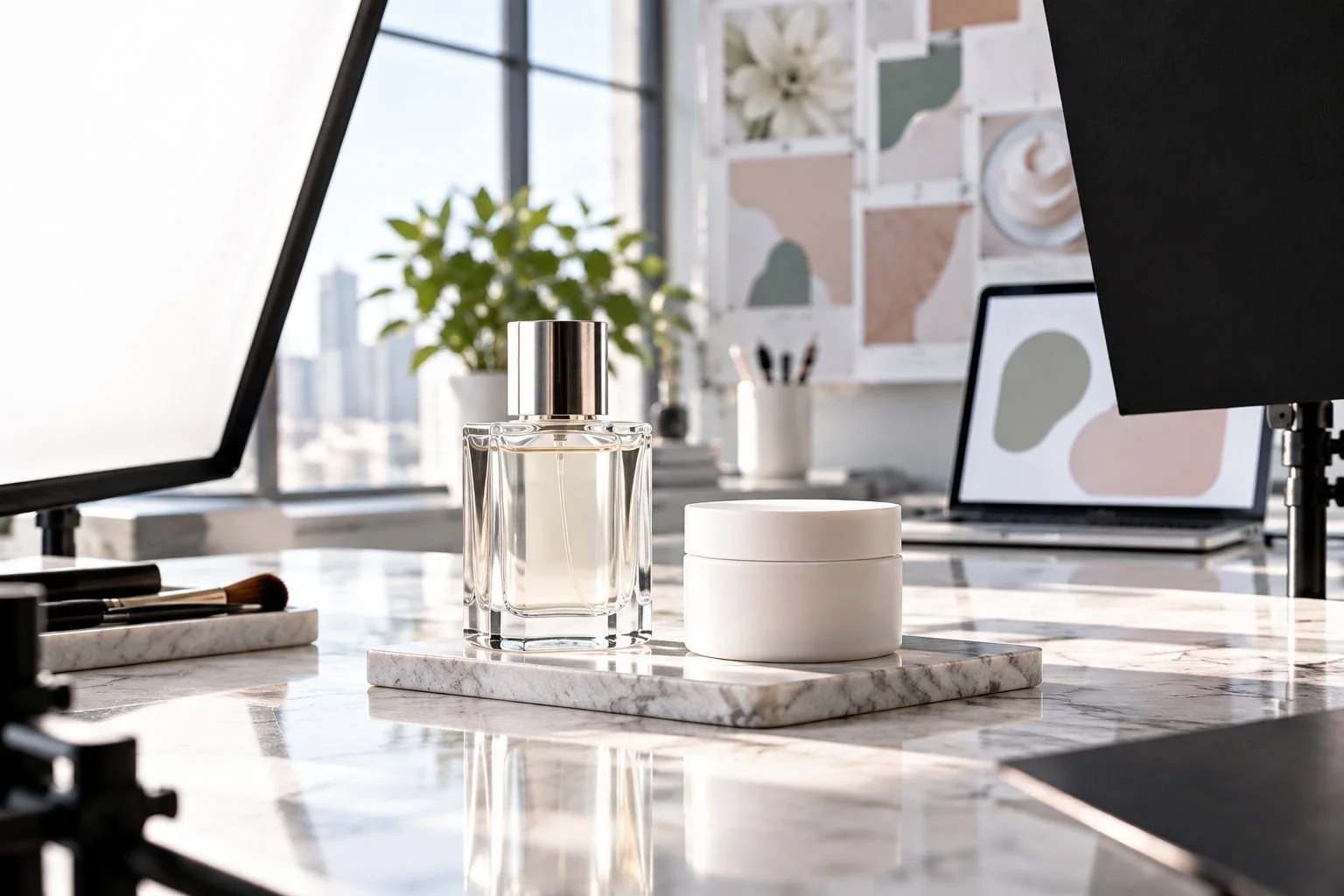 Unbranded fragrance glass and a skincare jar with diffusion and flags controlling reflections
