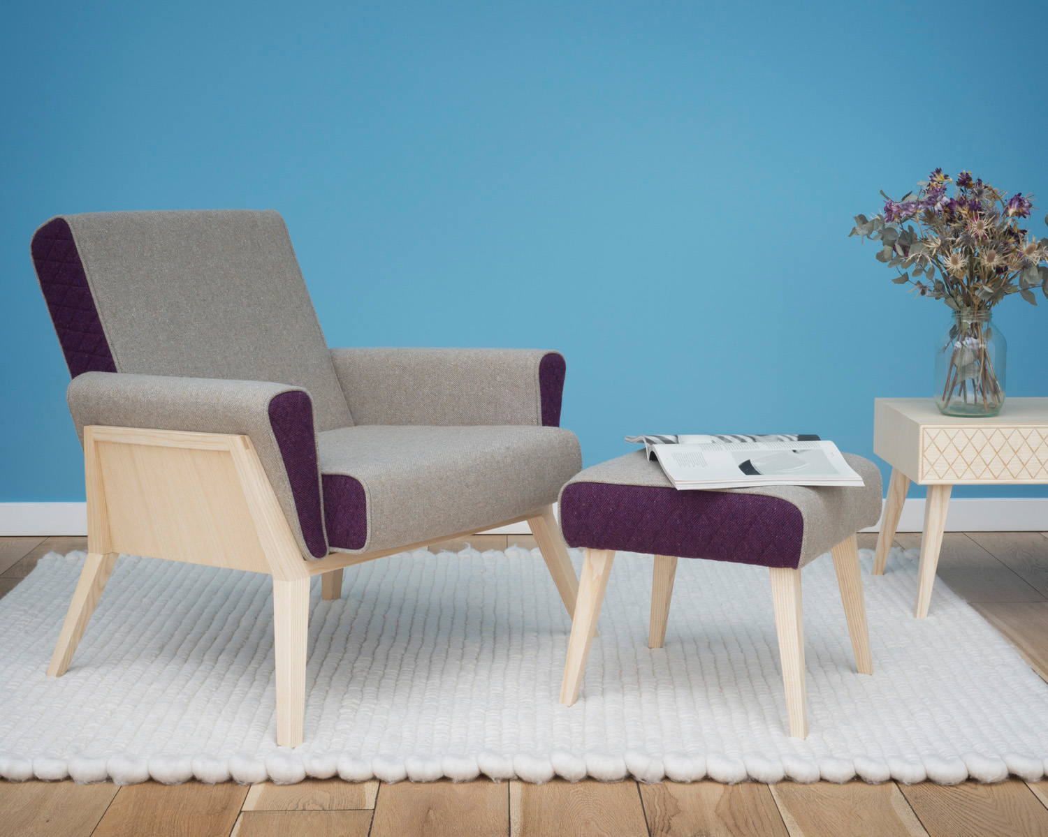 Æsh & Tweed armchair, footstool and coffeetable on Fat Sheep rug. Photo Justin Barton