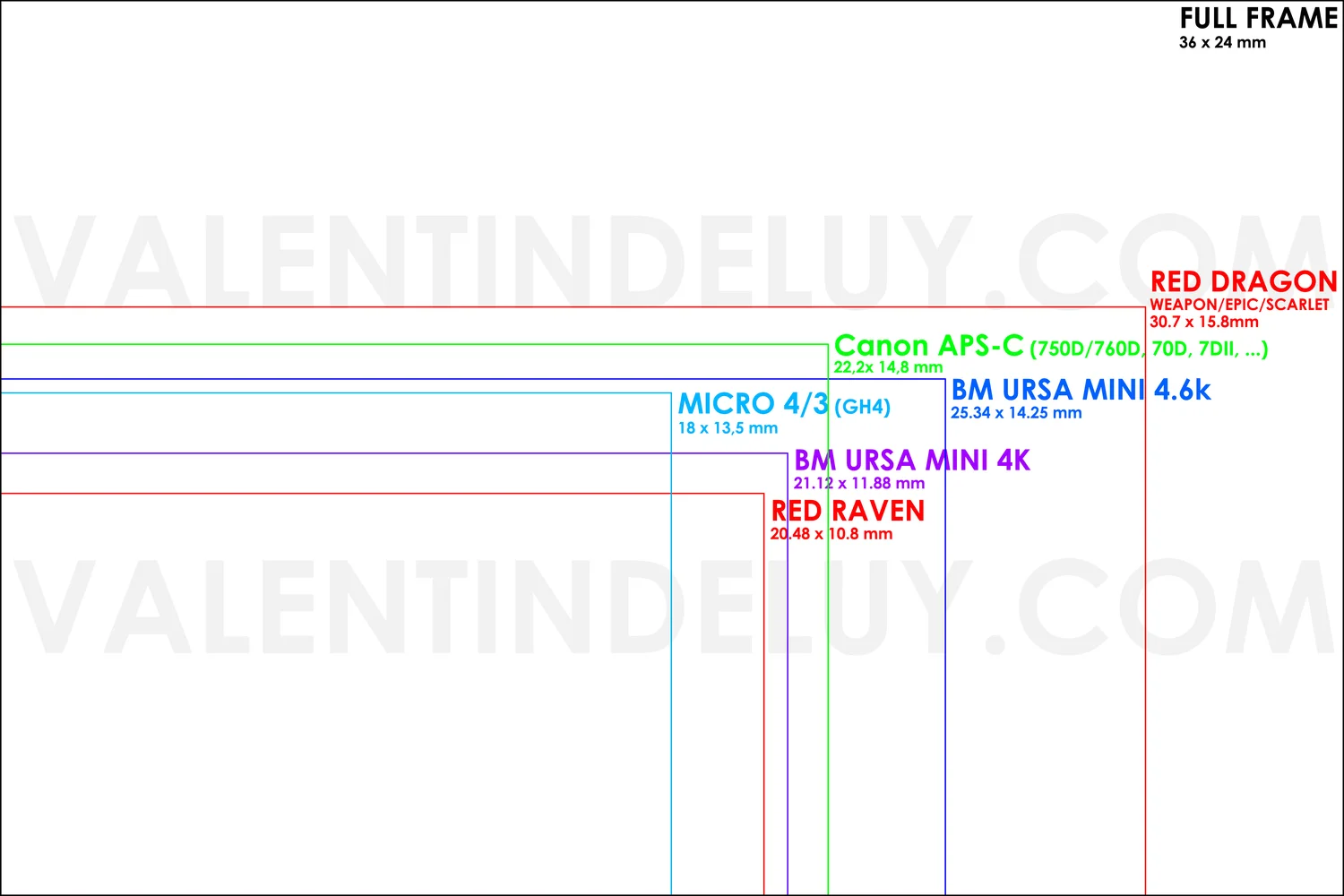  Here is a sensor size comparison chart I've made with  RED Cameras  including the newly announced RED RAVEN and  Black Magic Design Cinema Camera  including the URSA MINI 4K and 4.6K.  Enjoy. 