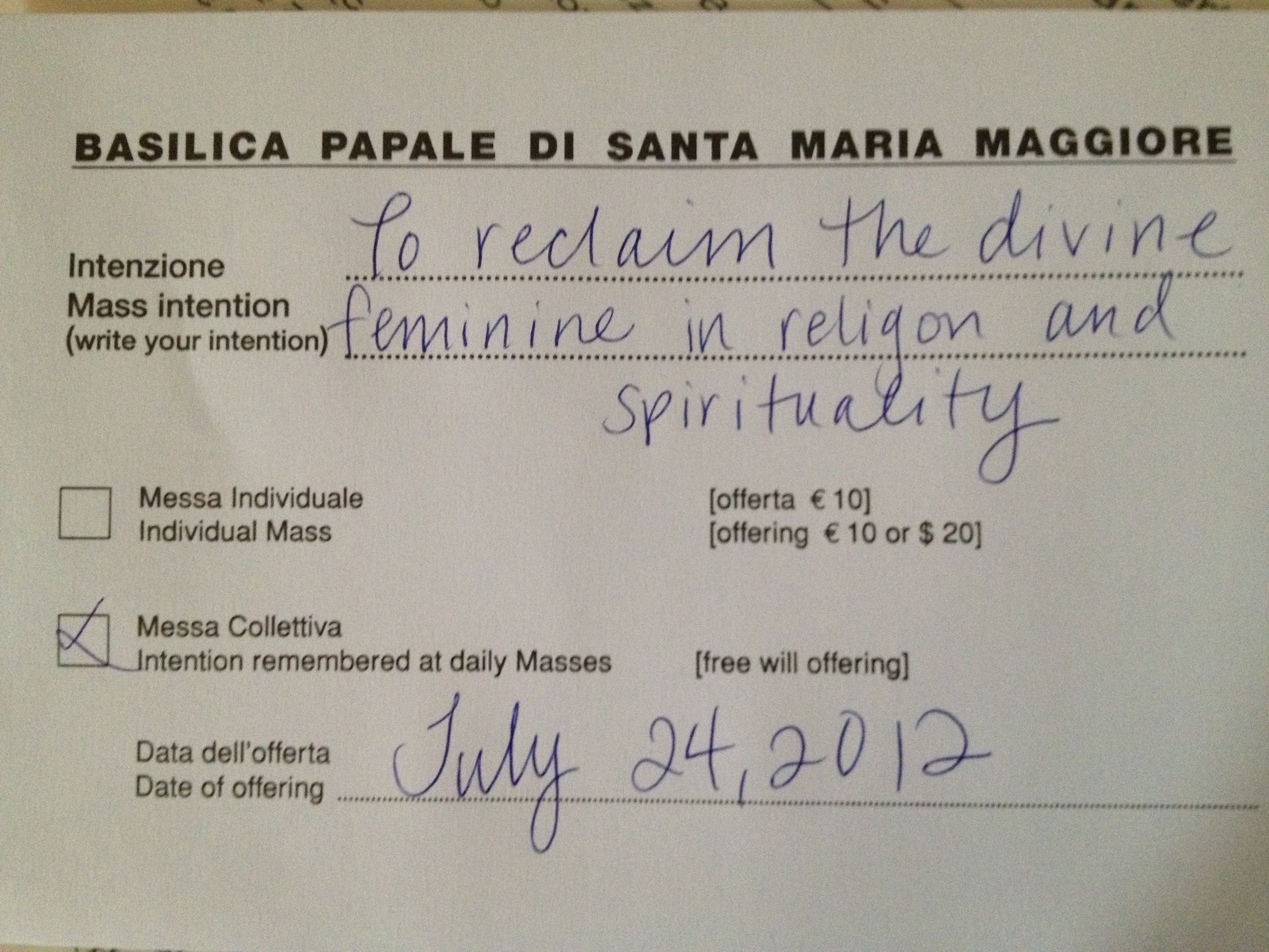  Rochelle's intention on the first day of her pilgrimage at Santa Maria Maggiore, the largest basilica devoted to Mary in the world 