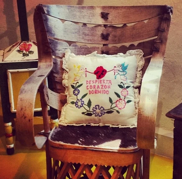 This pillow in Frida Kahlo’s home became a mantra for Heart Opening in Qoya: “Wake up, sleepy heart!”