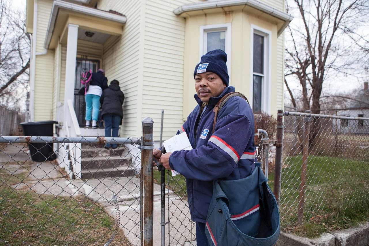 Jerry Klipscomb has been delivering mail in Detroit for 29 years. “There used to be houses on every lot.” (Alexandrine and Elmwood streets)