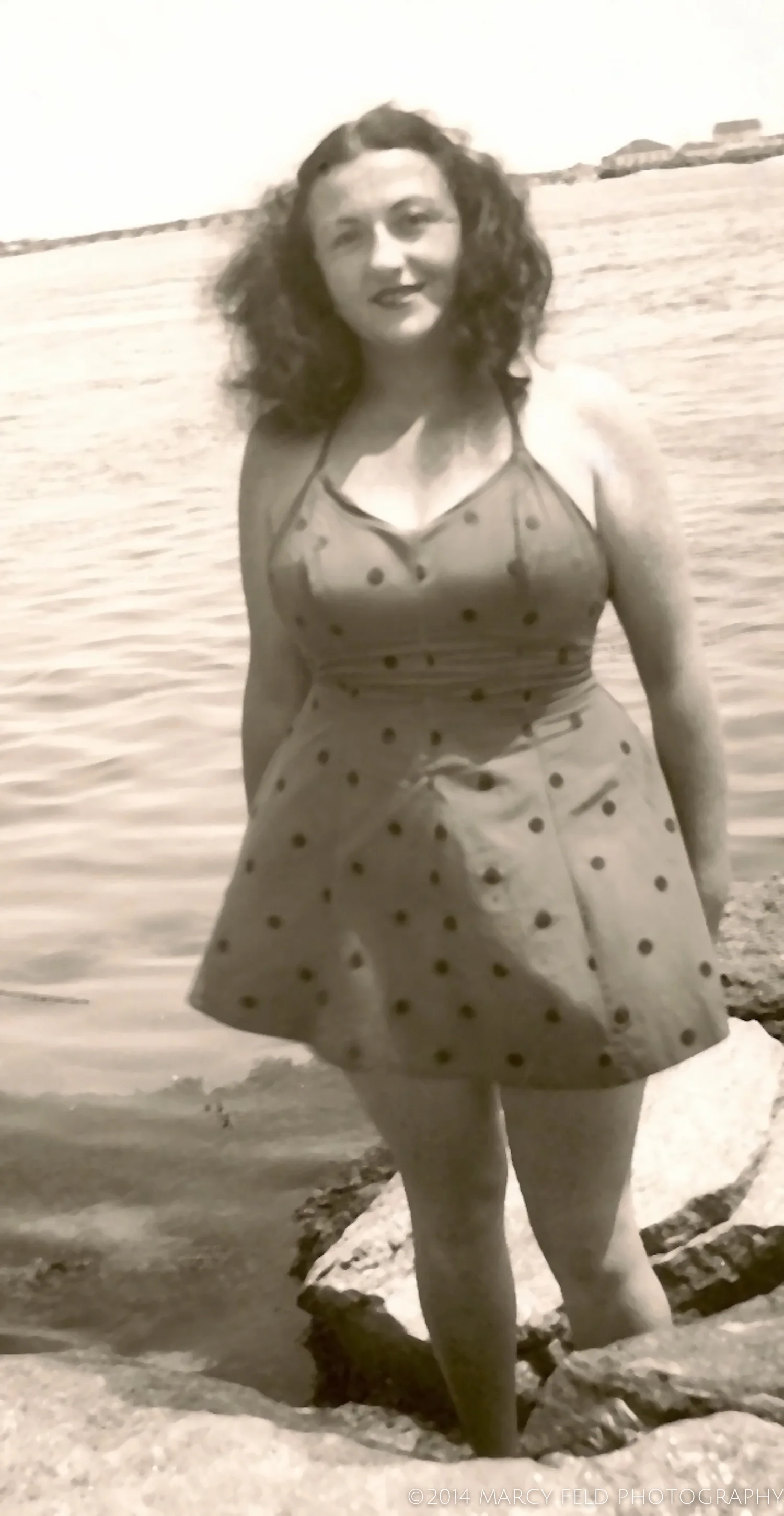 An image of my mother at the beach - perhaps from sometime in the 1940's.  I originally thought it was in Edgemere, but when I actually looked closely, I think it is in Far Rockaway with the Atlantic Beach Bridge in the background