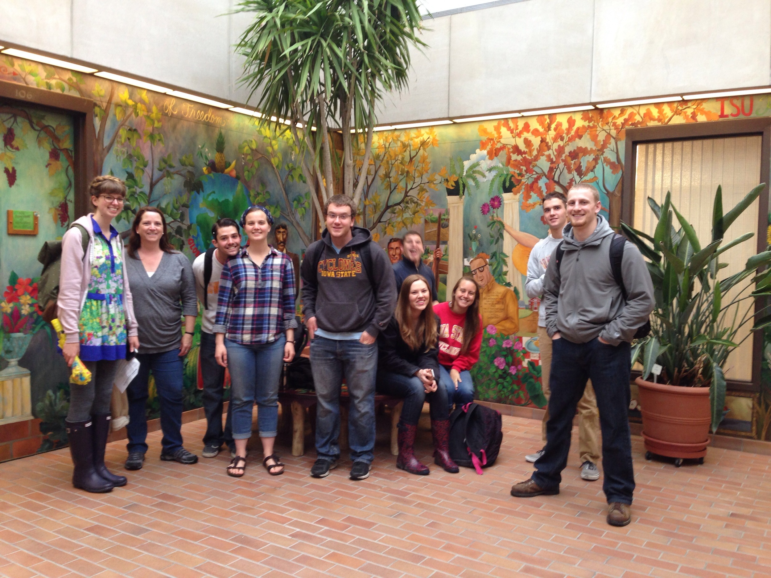My classmates after a design scavenger hunt we had on campus grounds. Photo taken April 2014 at the Horticulture Hall entrance lobby with its beautiful wall murals. From left to right, Caitlin, Cris, Jake, Laura, Chris, Ryan, Claire, Katrina, Andrew and Mike.