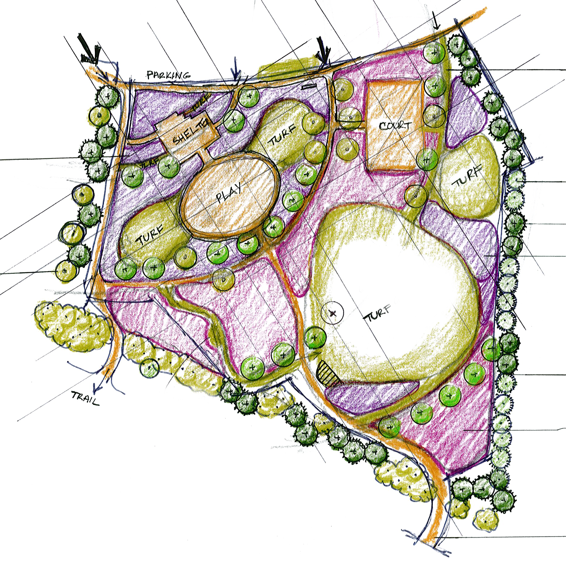 Concept sketch for a planting design at a public park in Waukee, IA.